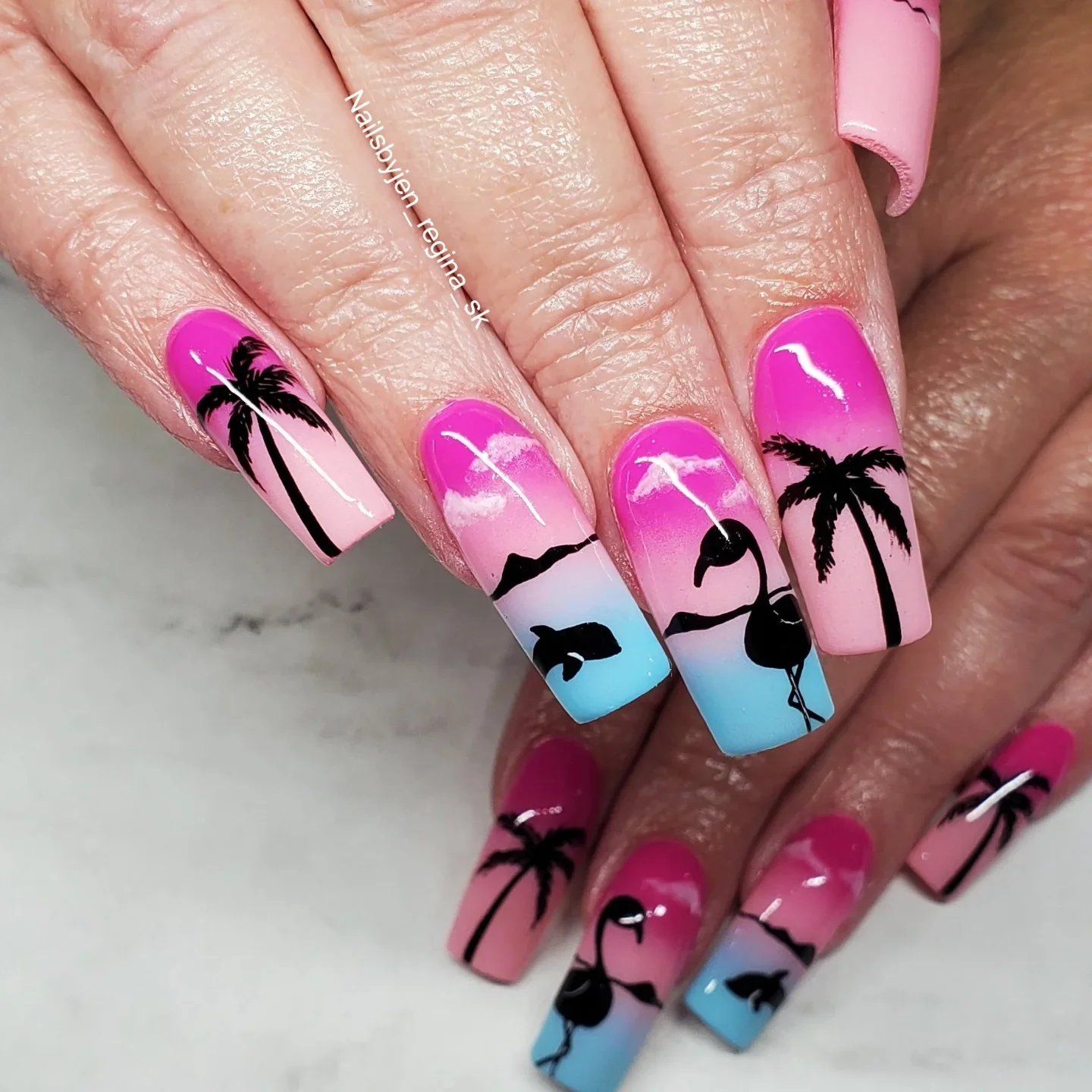 summer vacation nails 2026 Pink Sunset Paradise Coffin Nails