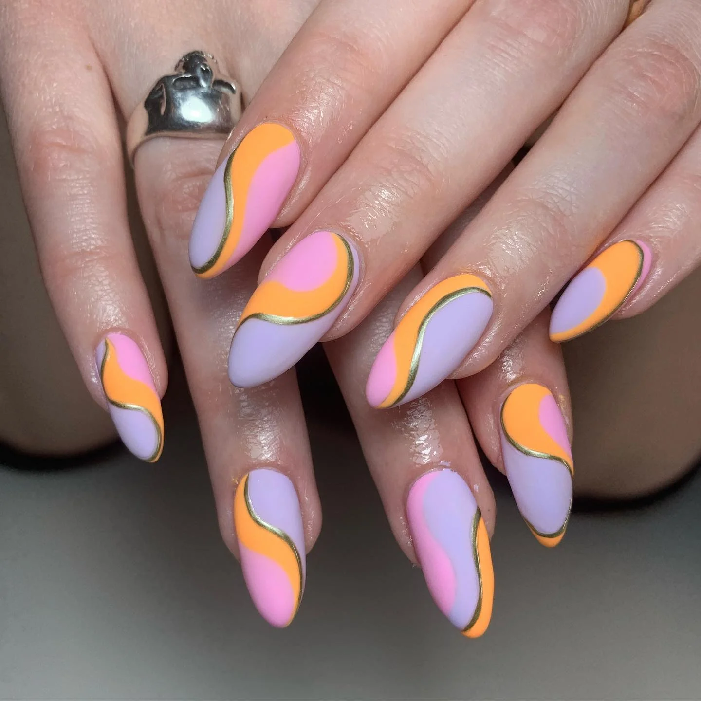 funky summer nails 2026 Pastel Color Blocking With Modern Almond Elegance