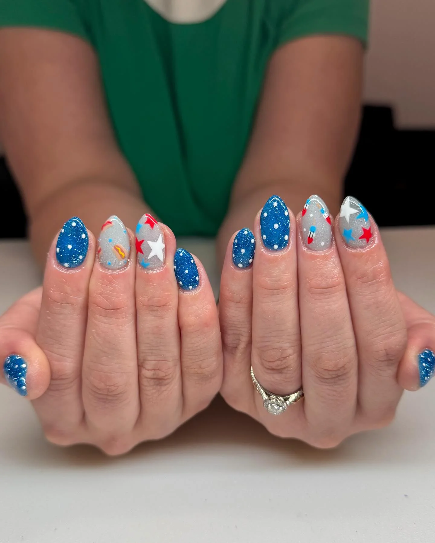 patriotic nails 2026 Celestial Blue Almond Nails With Playful Summer Details