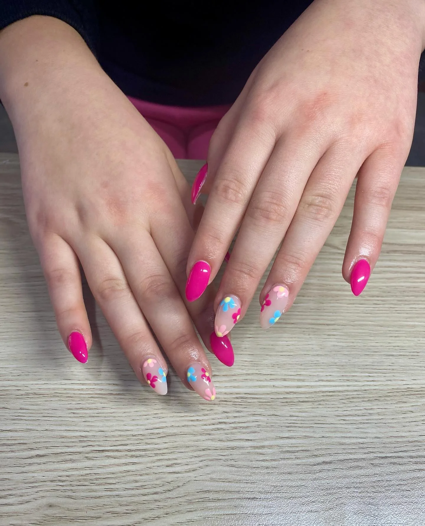 pink summer nails 2026 Neon Pink Almond Nails With Retro Floral Art
