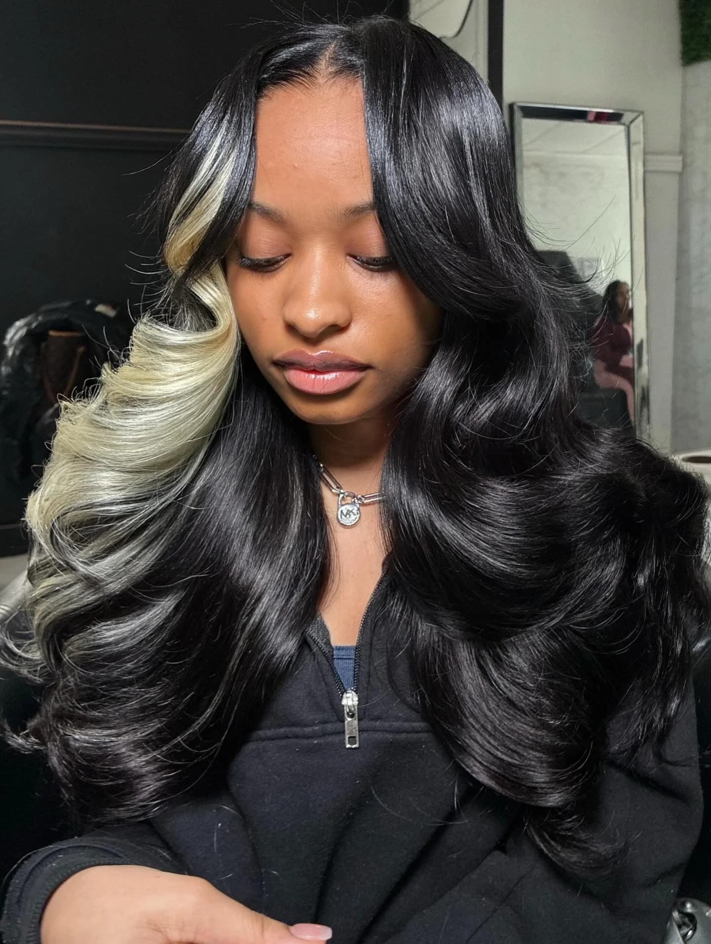 regal summer hairstyle black women 2026 Glossy Midnight Waves With Platinum Money Pieces