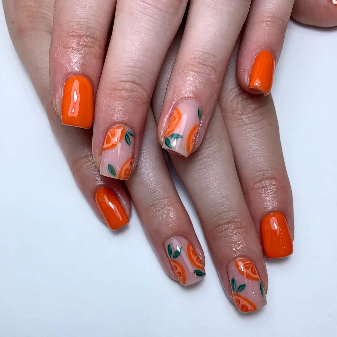 short gel nails summer 2026 Juicy Orange Nails With Delicate Citrus Art