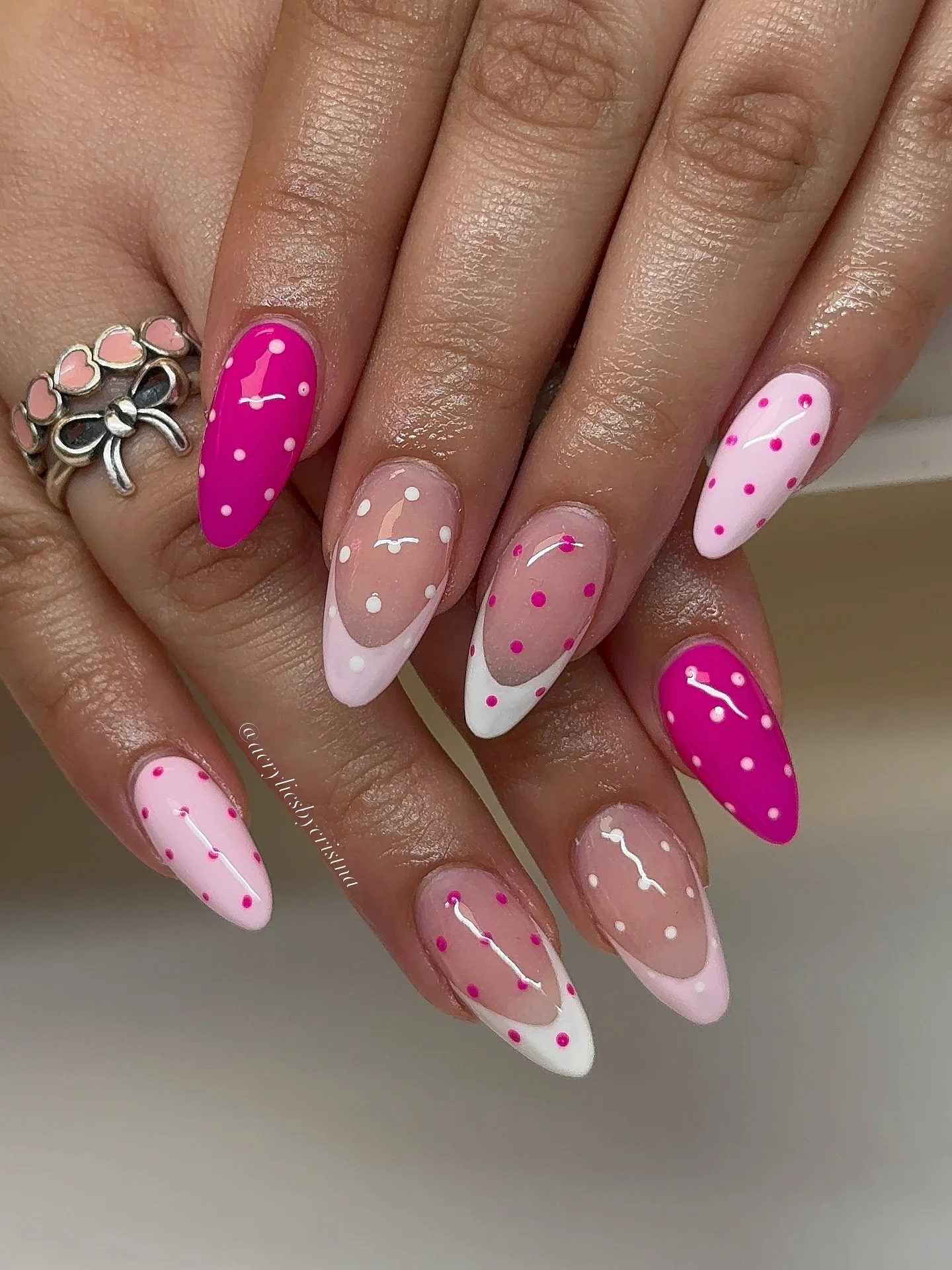 summer acrylic nails 2026 Hot Pink Polka Dot Nails With Playful French Details