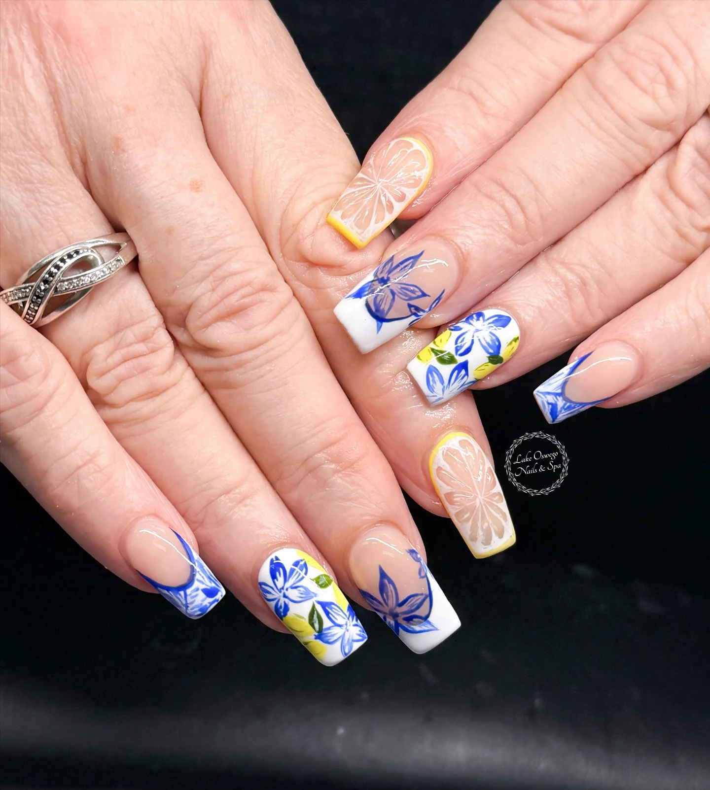 summer nail art 2026 Lemon Blossom French Tips With Coastal Blue Florals