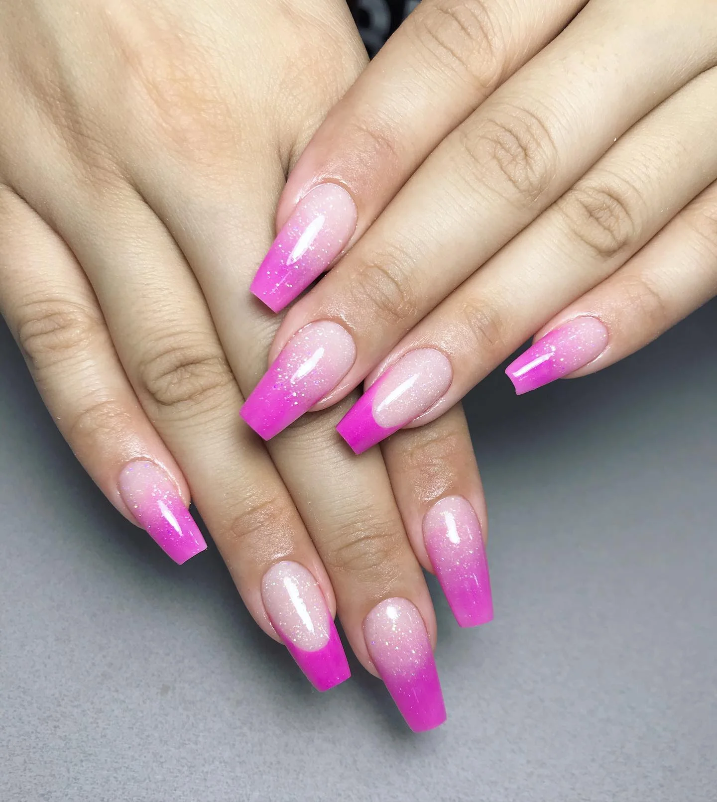 summer nails ballerina shape 2026 Pink Ombre Ballerina Nails With Soft Glitter Glow