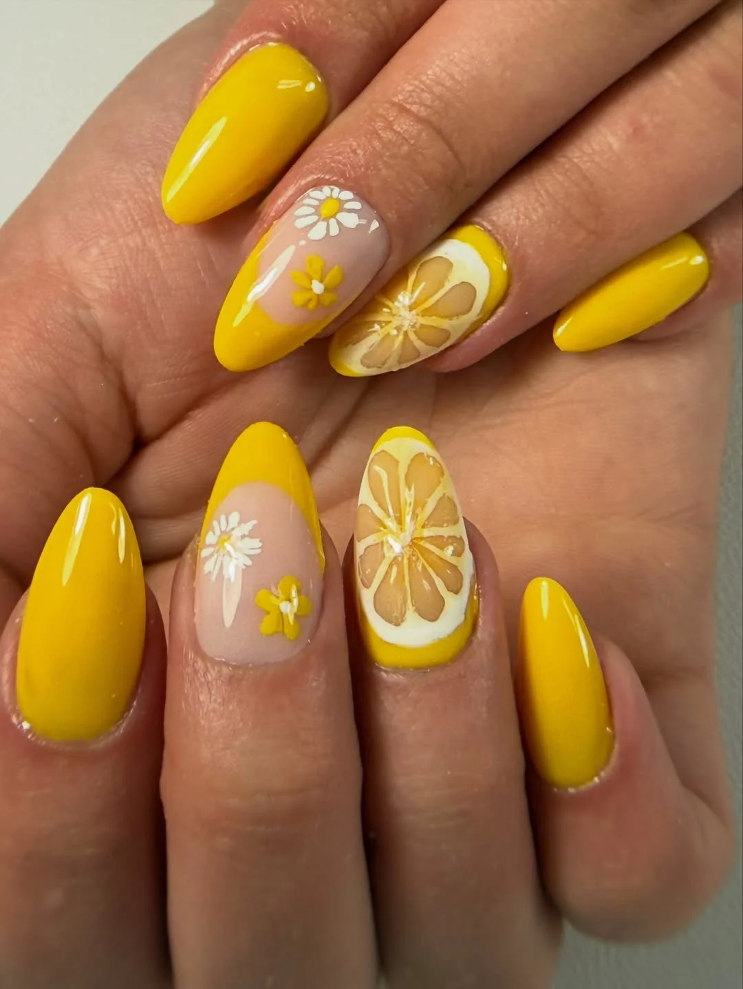 summer yellow nails 2026 Bright Lemon Fruit Nails With Floral Summer Accents