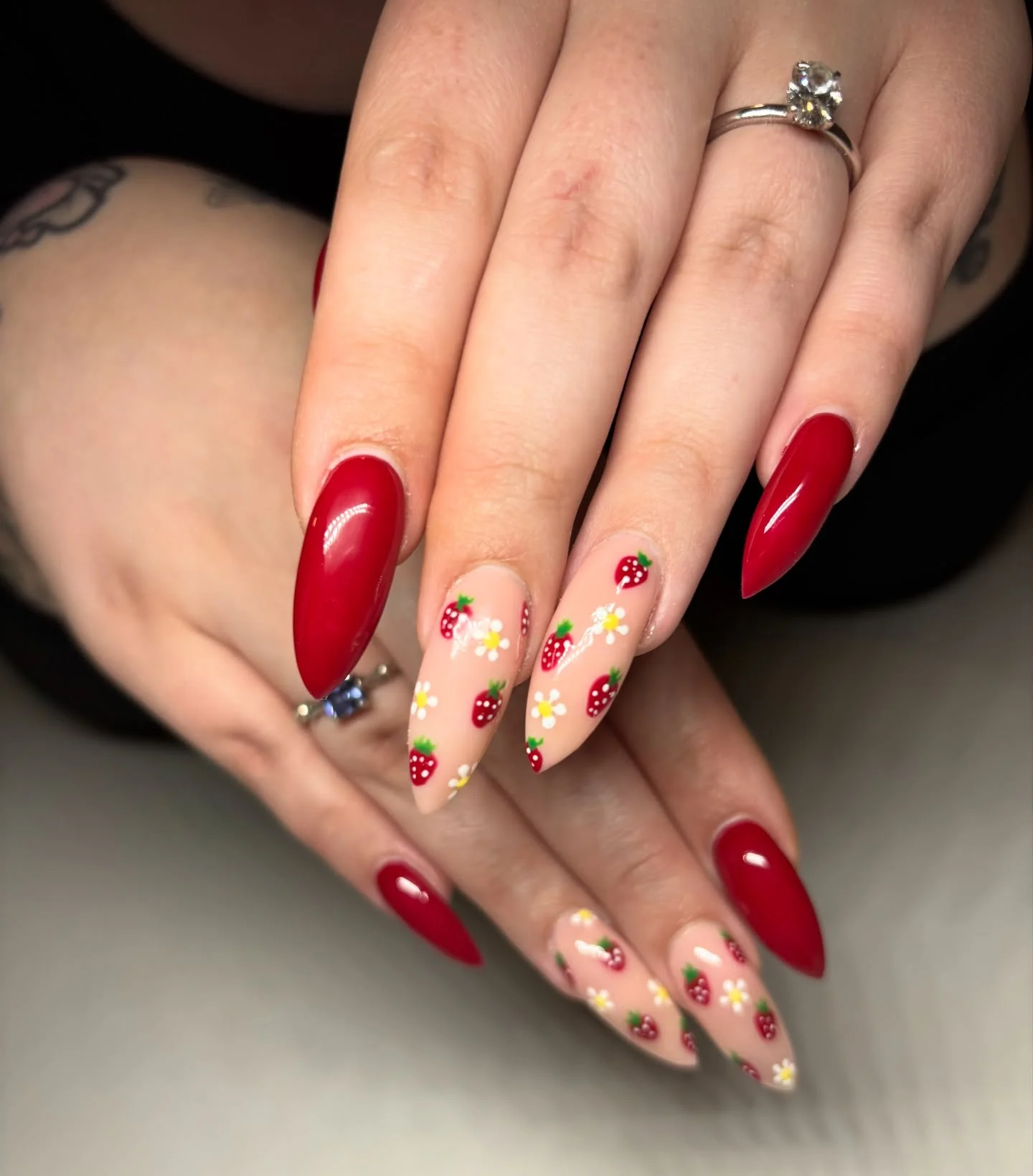 trendy summer nails 2026 Glossy Cherry Red Nails With Strawberry Garden Art