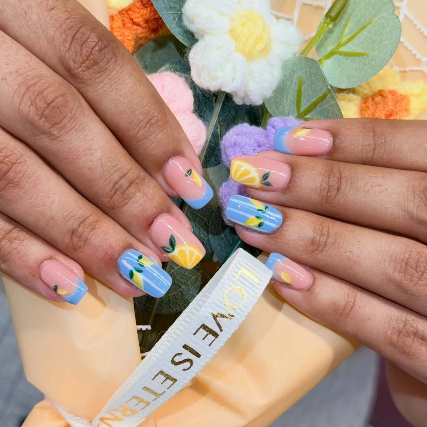 June Nails Ideas 2026 - Summer Trends 2026 Lemon Sorbet Nails With Soft Blue Summer Details