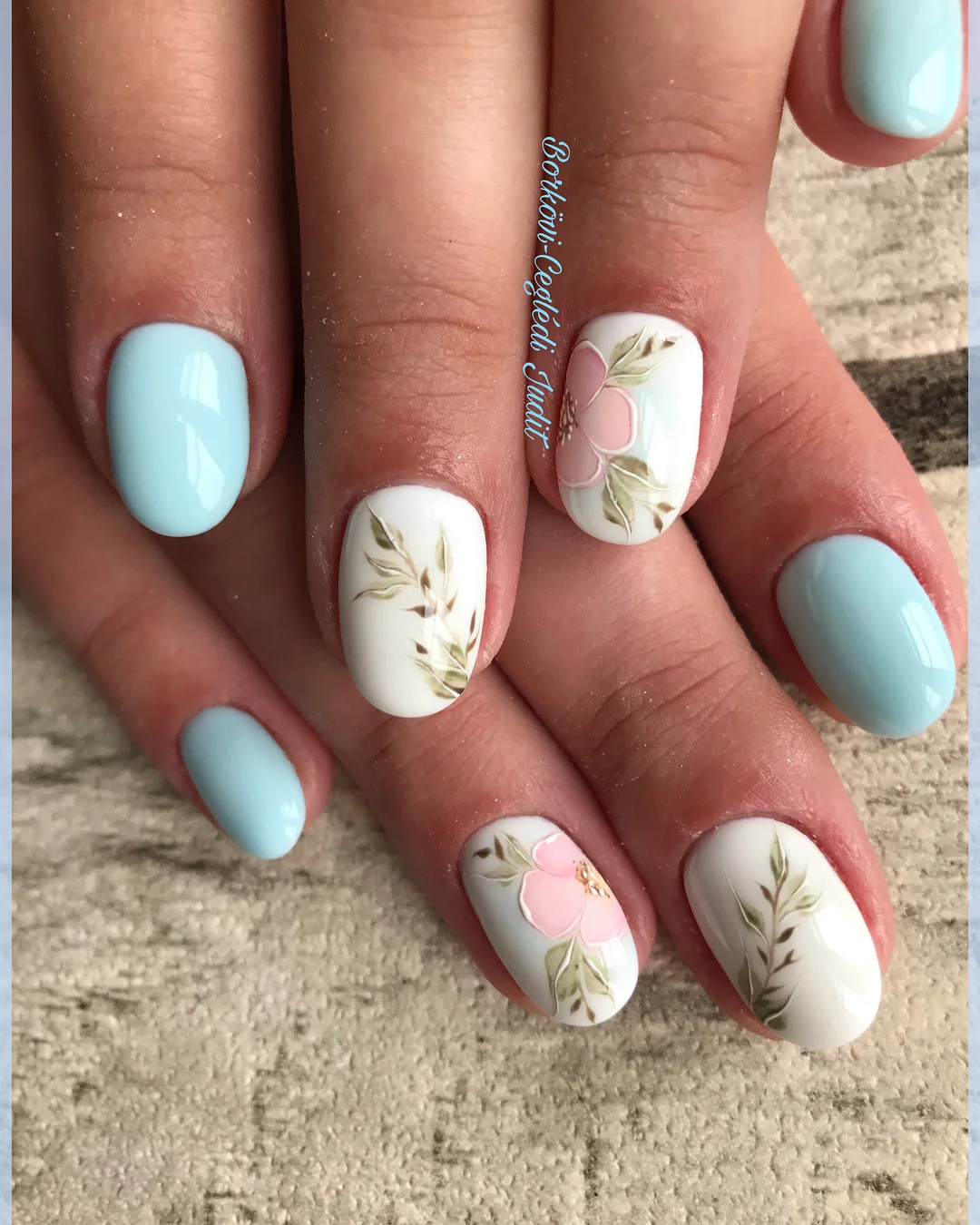light blue summer nails Soft Botanical Blue Nails With Delicate Floral Art