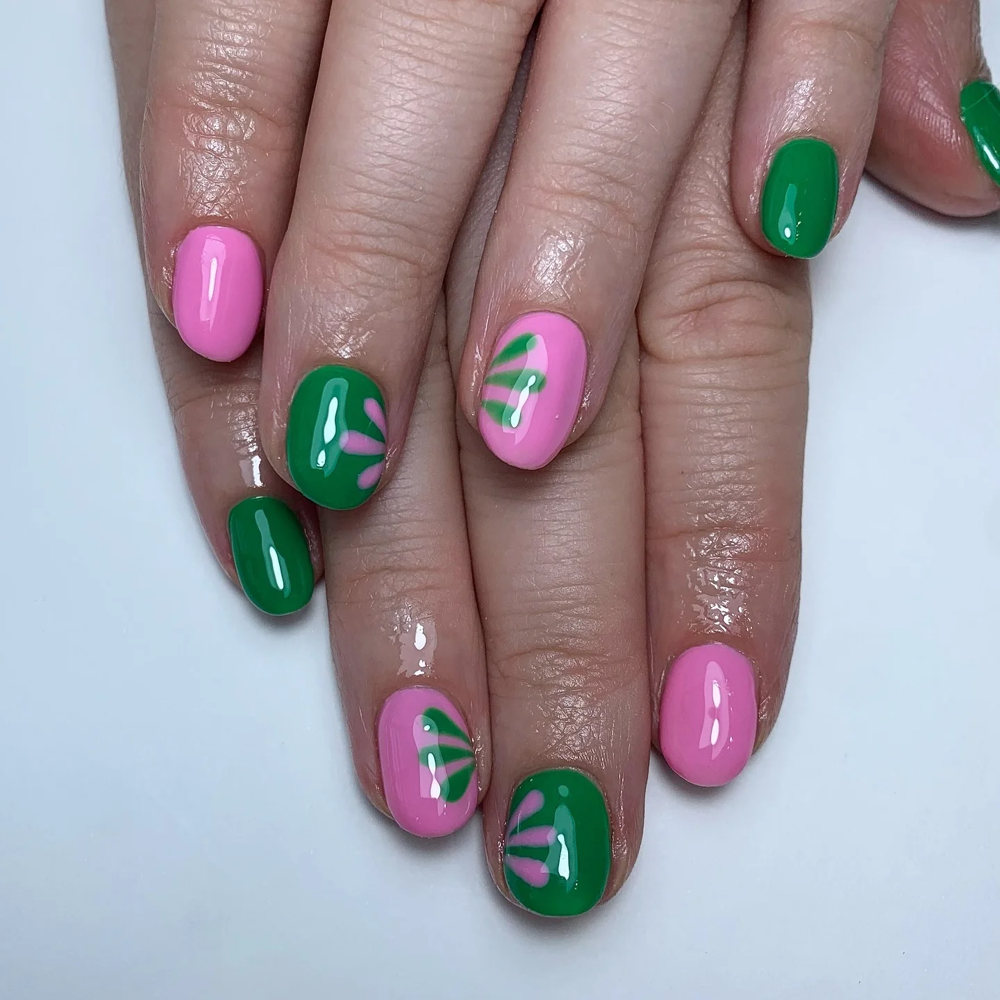 short gel nails summer 2026 Pink And Green Retro Bloom Nails