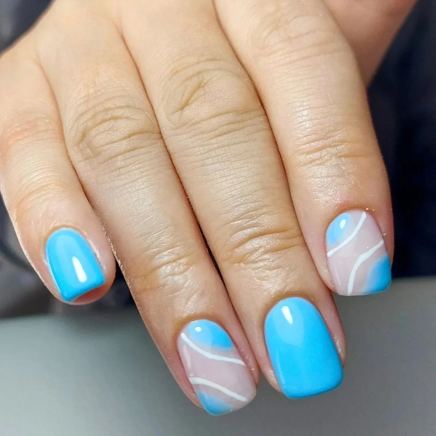 short squoval nails design 2026 Sky Blue Waves And Modern Minimalism