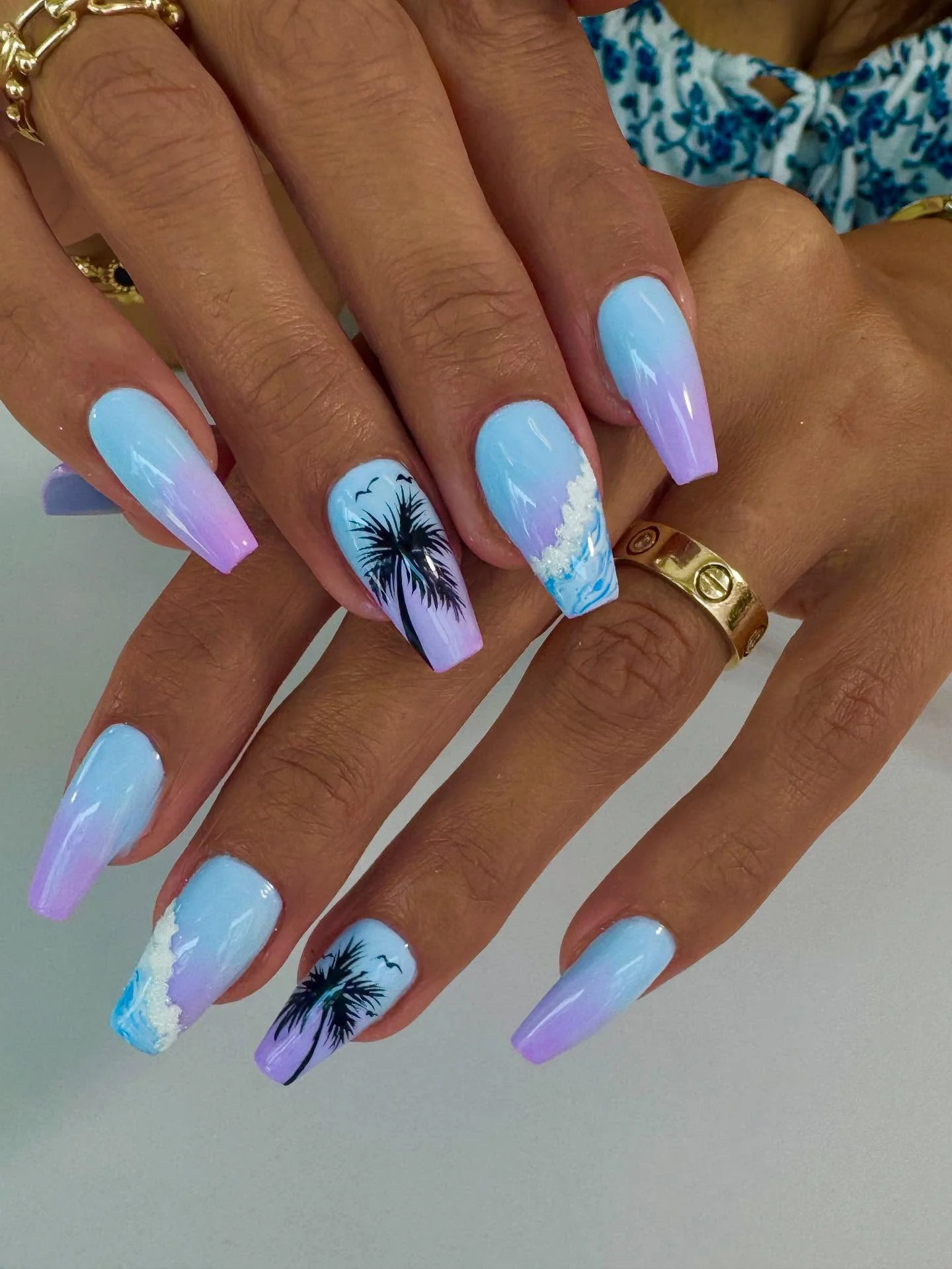 summer nails design 2026 Pastel Sunset Palm Tree Coffin Nails