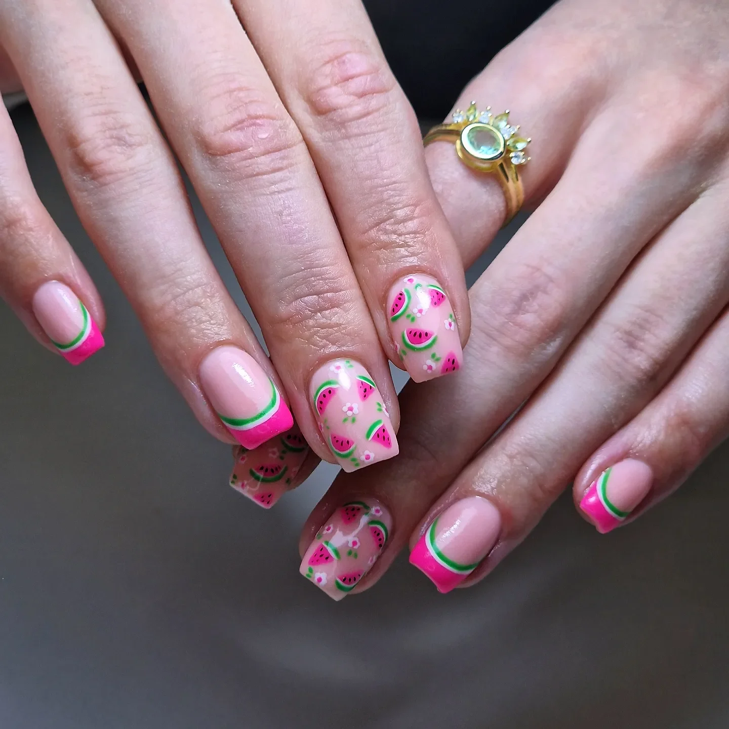 summer nails watermelon 2026 Pink Watermelon French Tips With Tiny Floral Details