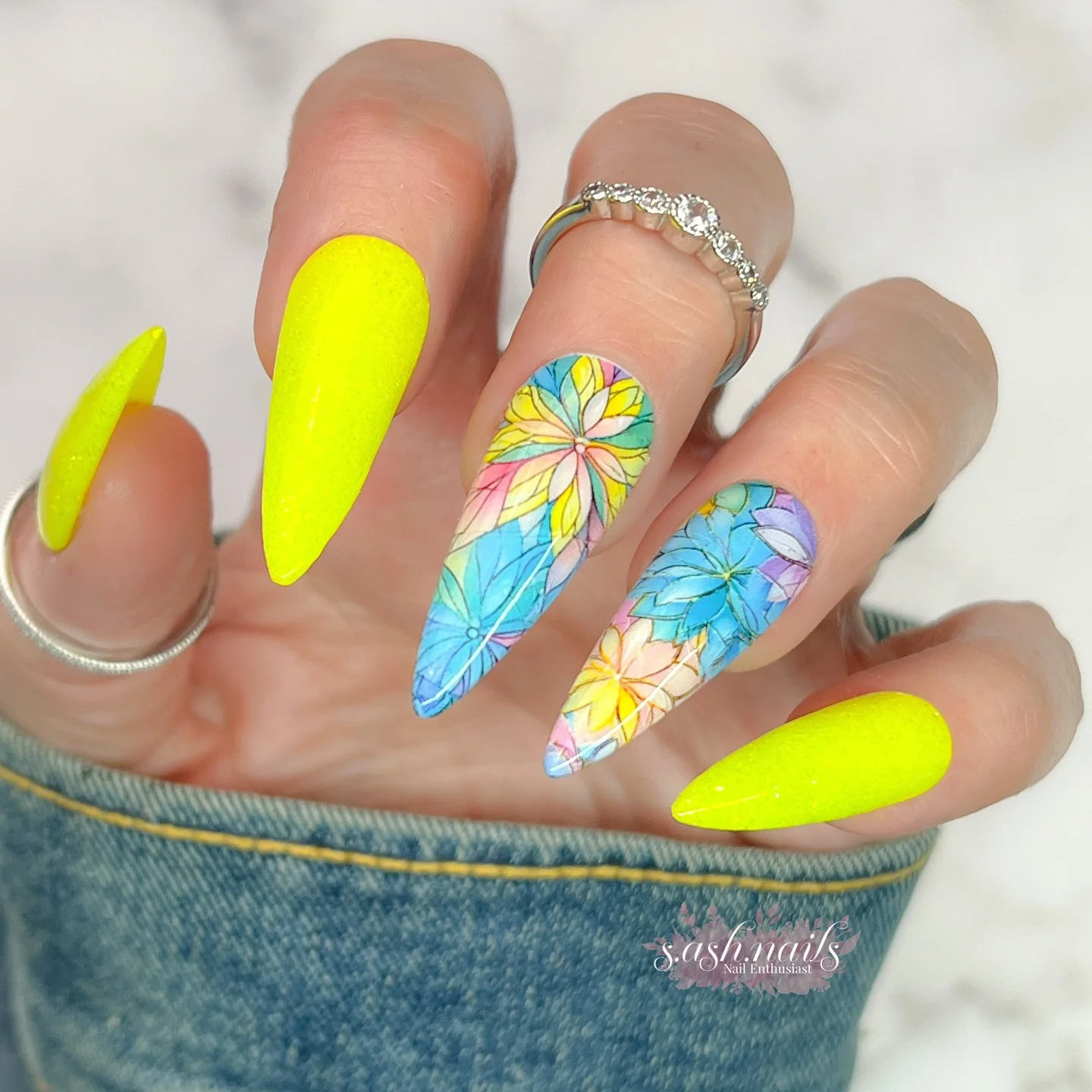 summer vibrant nails 2026 Electric Lemon Bloom Nails With Tropical Stiletto Drama