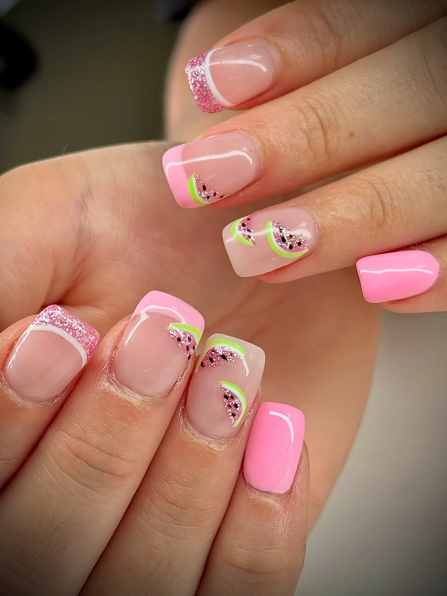 trendy summer nails 2026 Pink Watermelon Glitter French Nails With Playful Vacation Energy