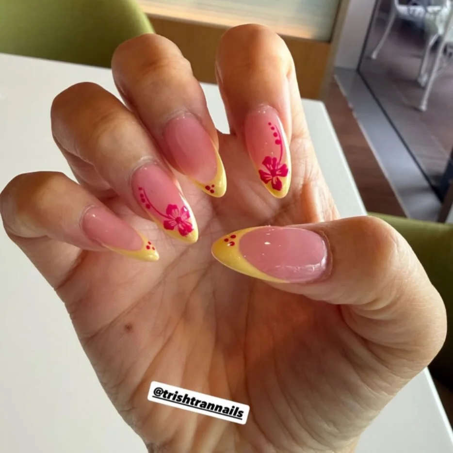 June Nails Ideas 2026 - Summer Trends 2026 Butter Yellow French Tips With Tropical Floral Accents
