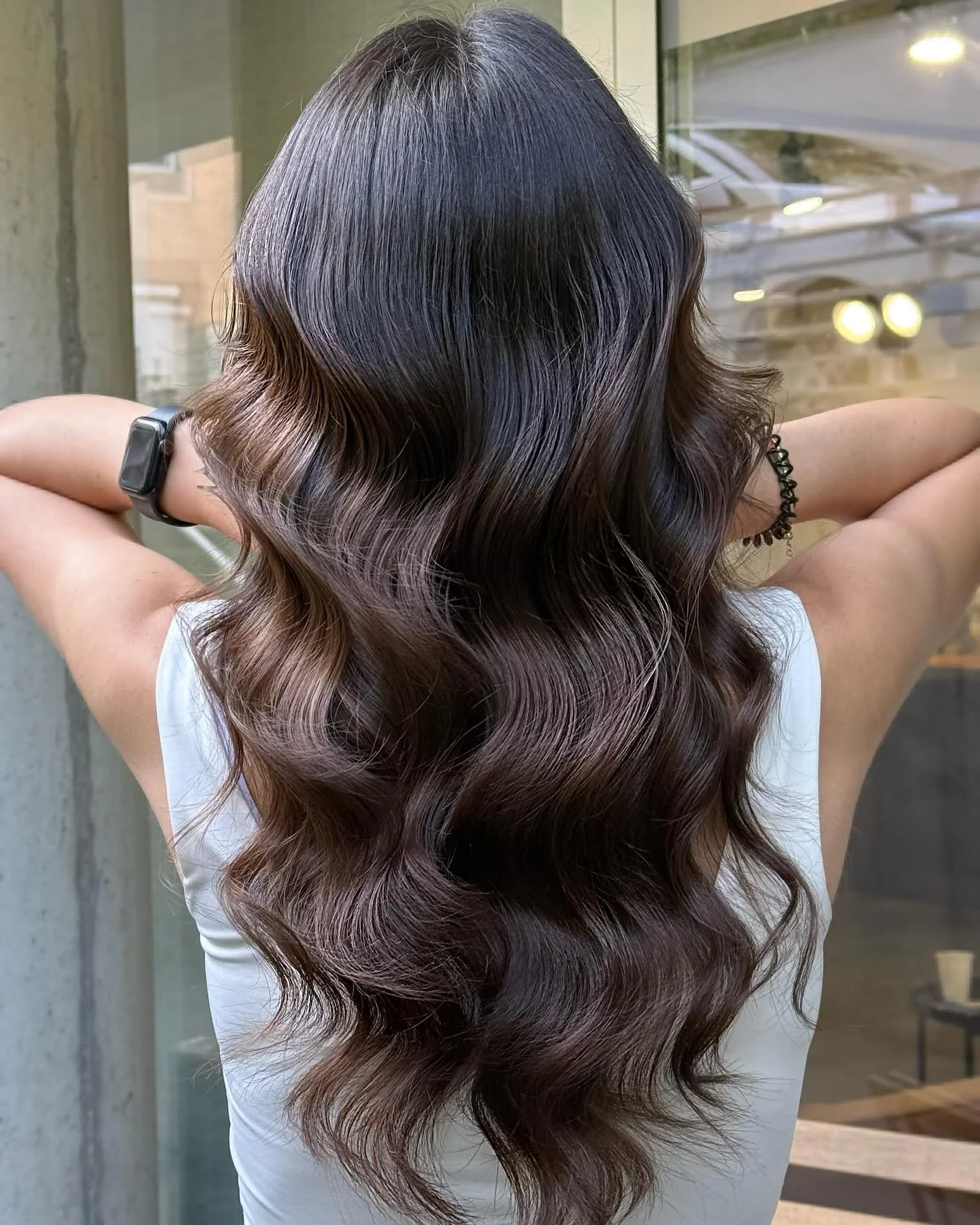 modern summer espresso brunette hair color 2026 Velvet Espresso Martini Waves With Soft Cocoa Dimension