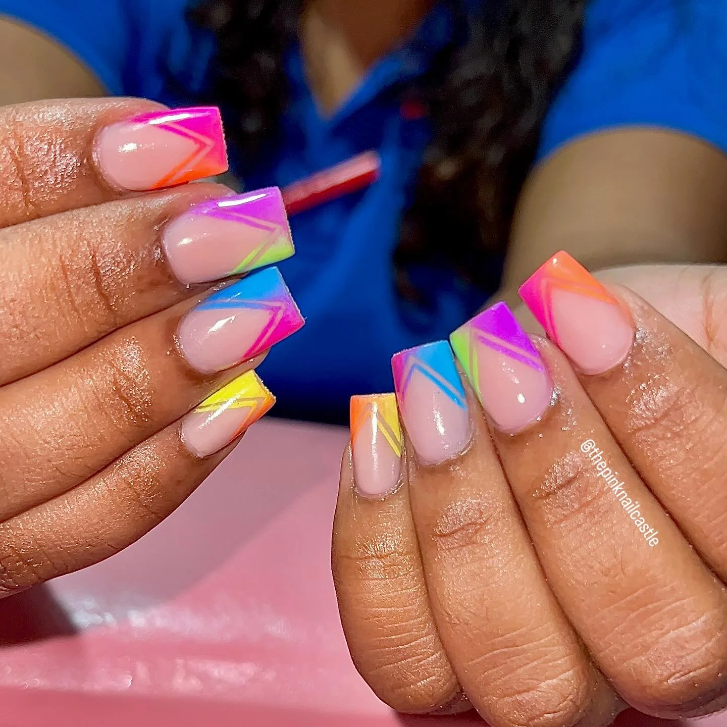 neon summer nails 2026 Rainbow French Tip Nails With Graphic Neon Angles