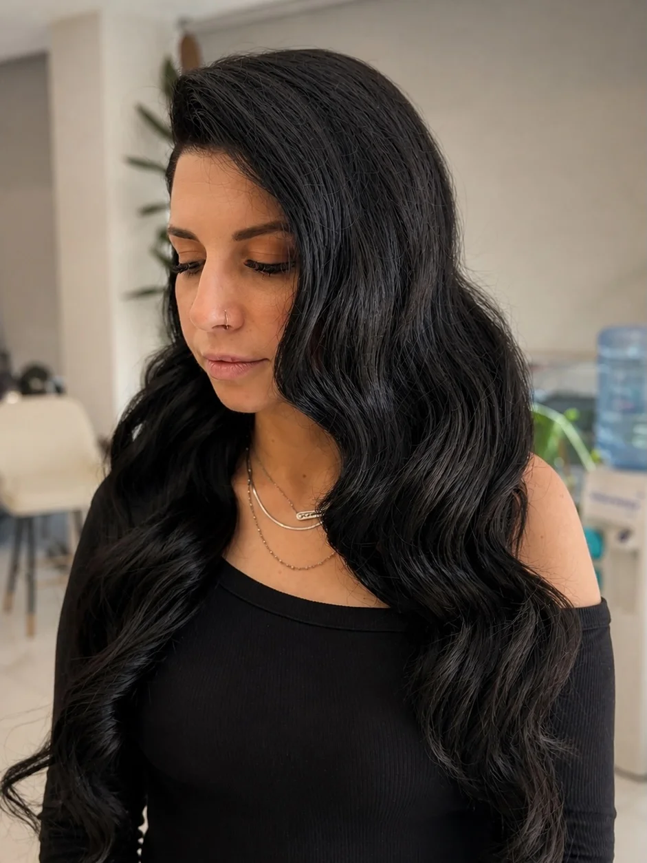 summer hairstyles ideas 2026 Glossy Midnight Waves With Effortless Dimension