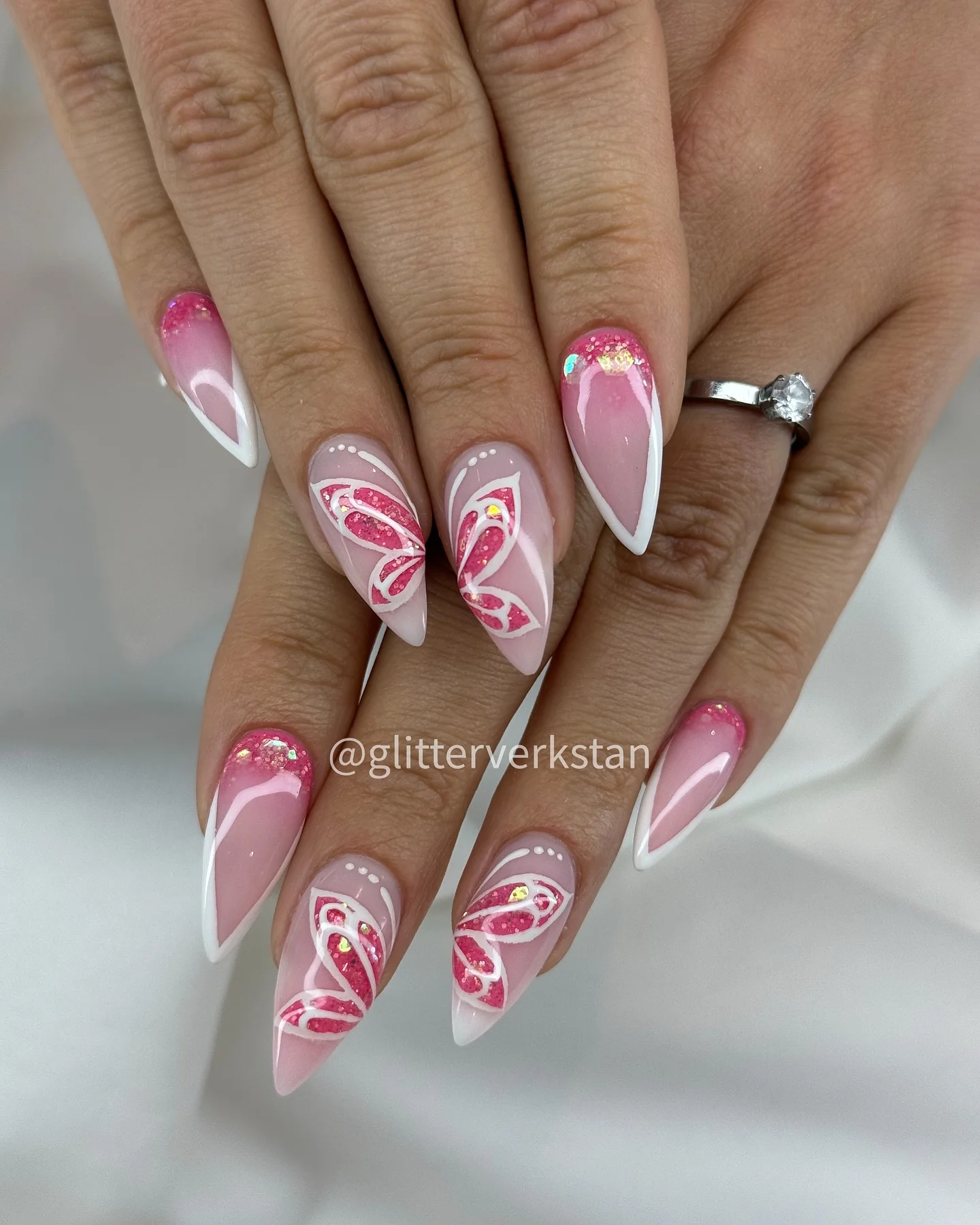 summer glitter nails 2026 Pink Butterfly French Elegance