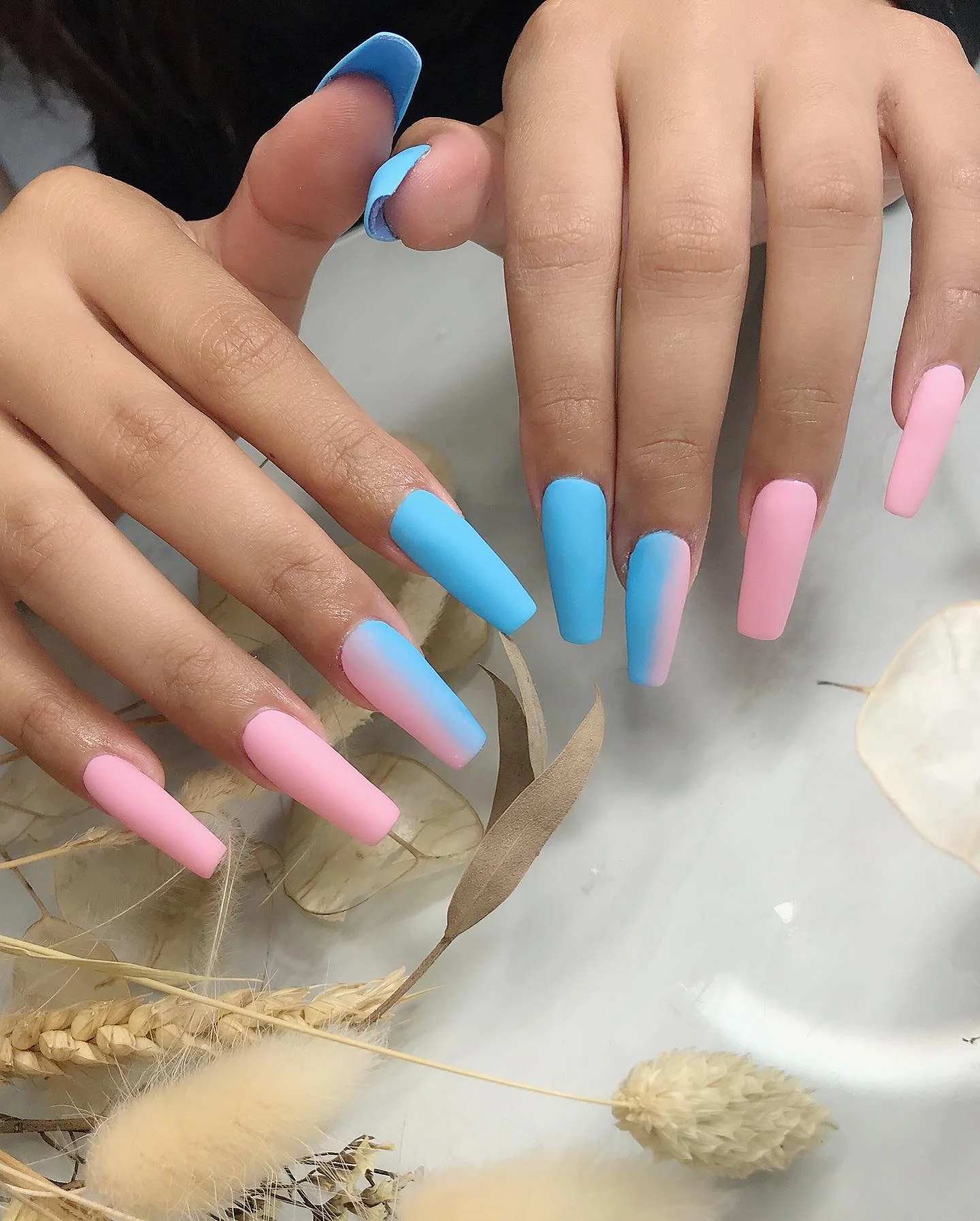 summer nails ballerina shape 2026 Matte Cotton Candy Blue And Pink Ballerina Nails