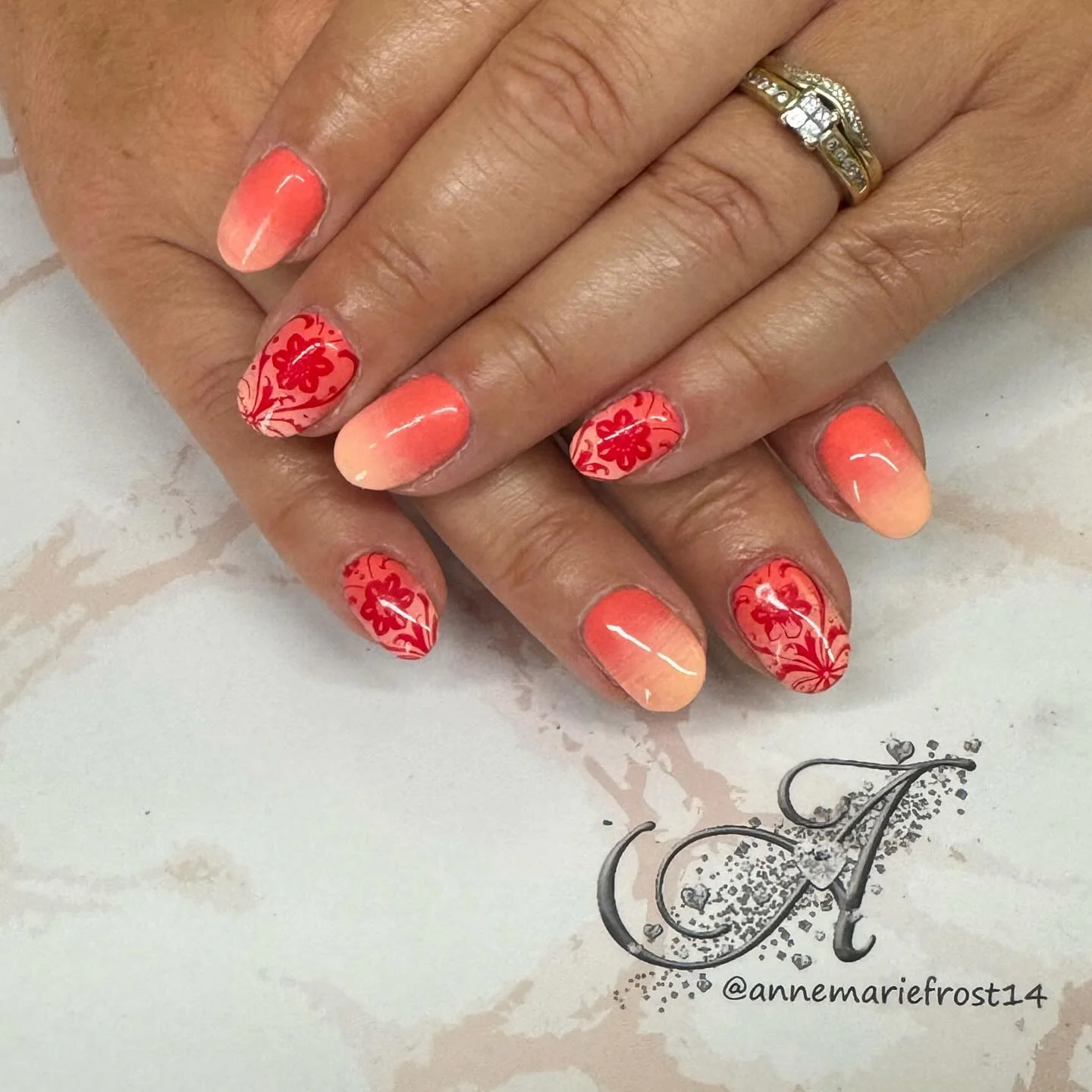 summer ombre nails 2026 Coral Sunset Ombre With Floral Details