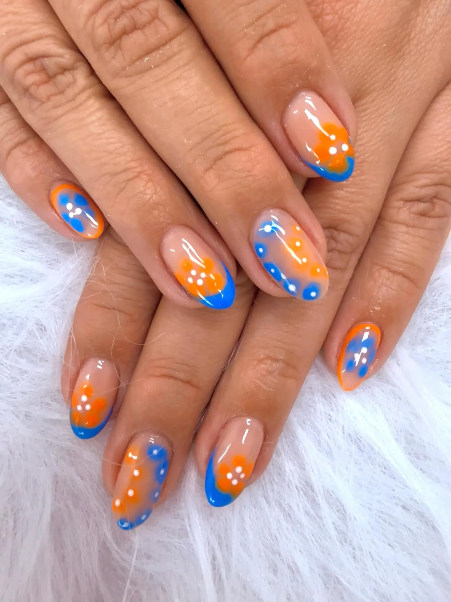 summer vibrant nails 2026 Retro Blue And Orange Flower French Tips