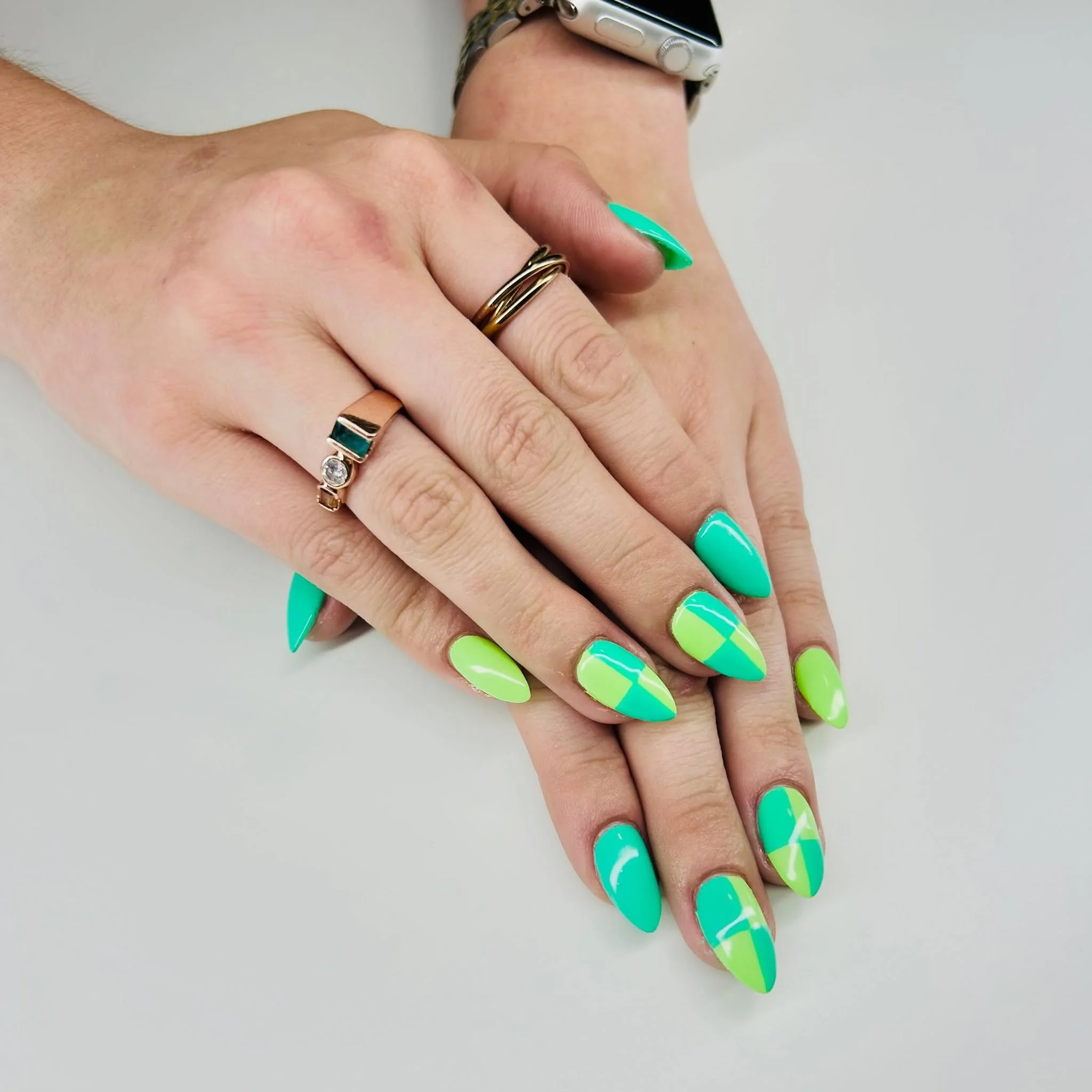 bright summer nails 2026 Mint And Aqua Color Block Almond Nails