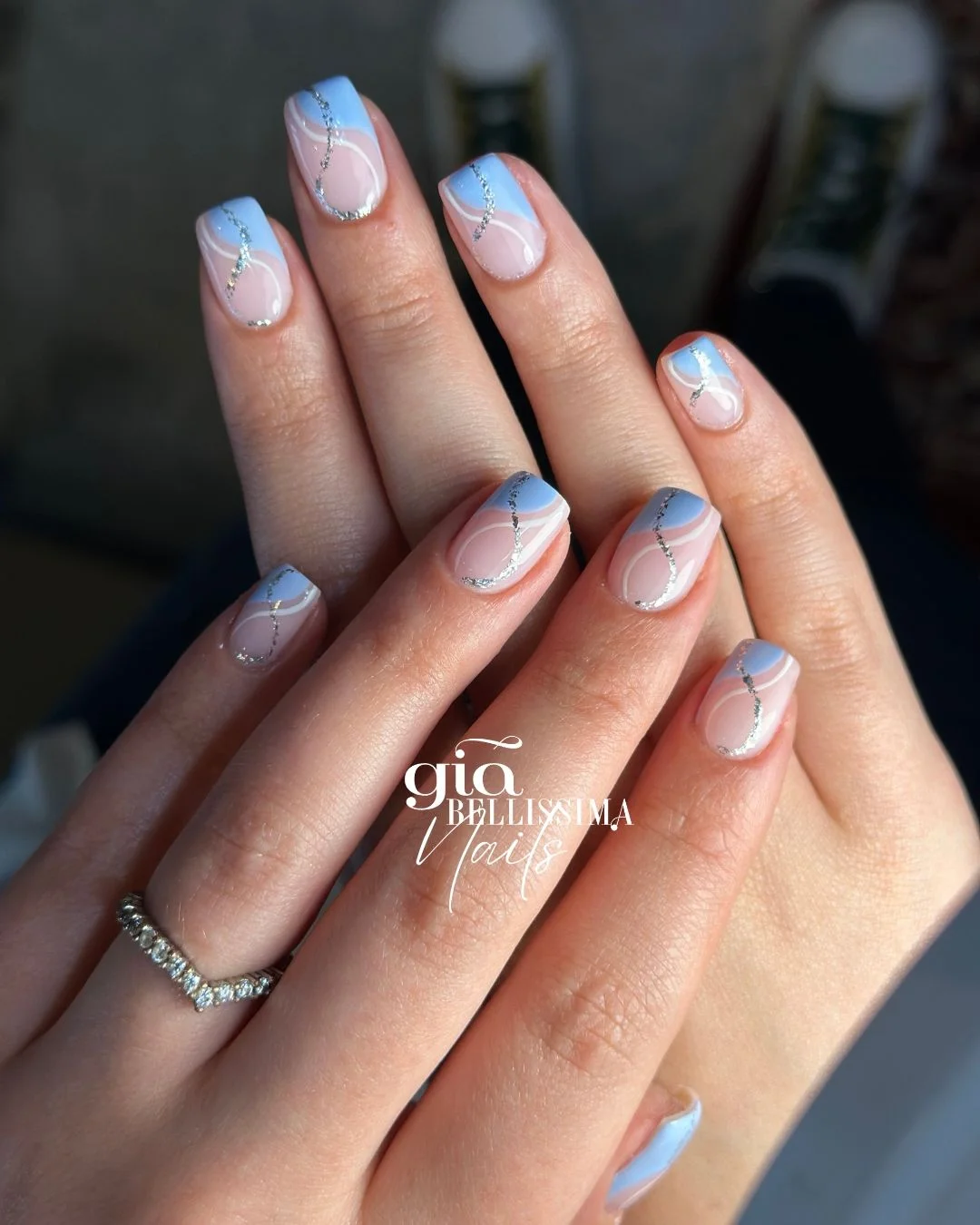 light blue summer nails Elegant Blue French Swirl Nails With Silver Details