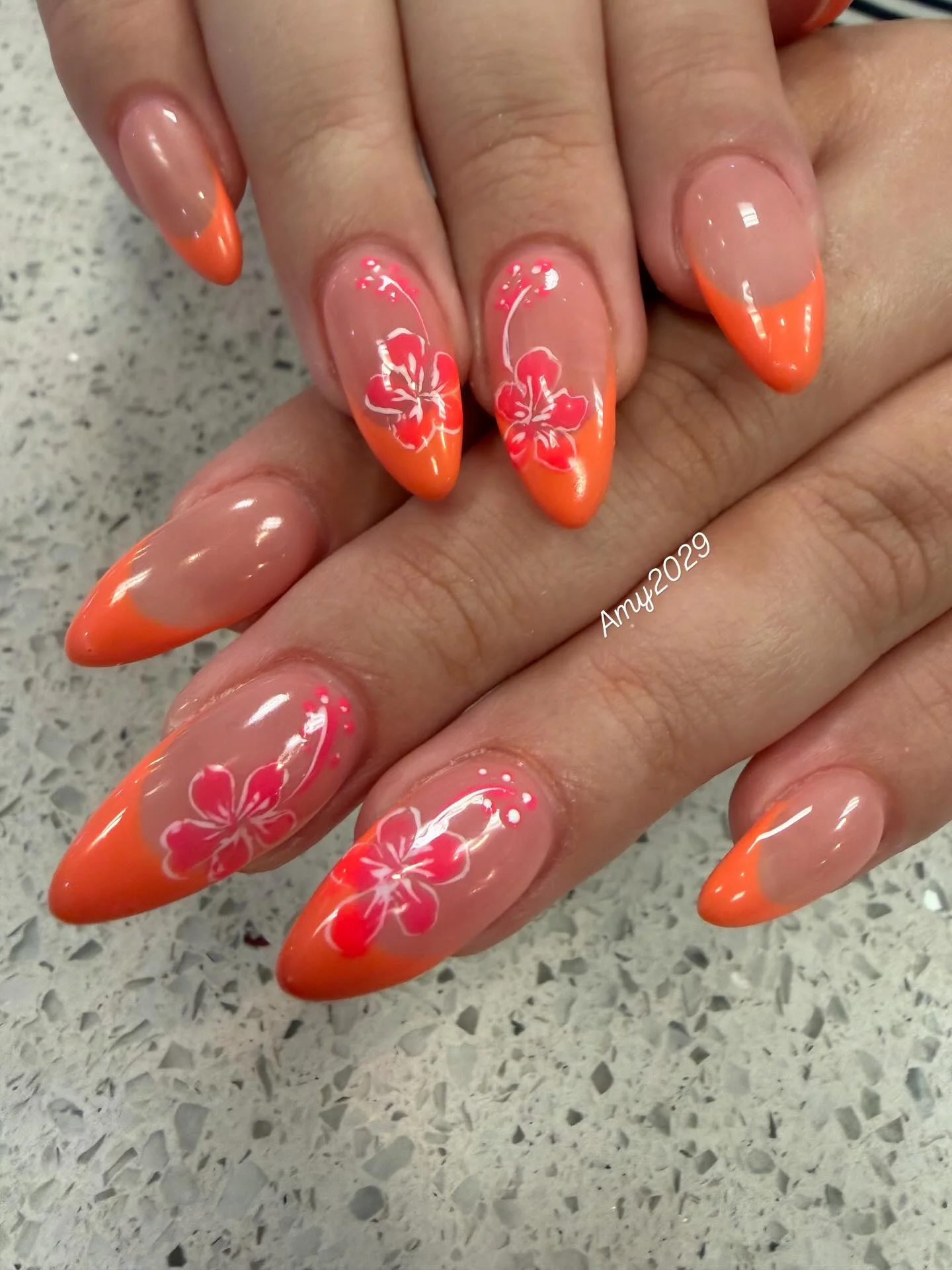 neon summer nails 2026 Tropical Hibiscus French Nails In Neon Coral