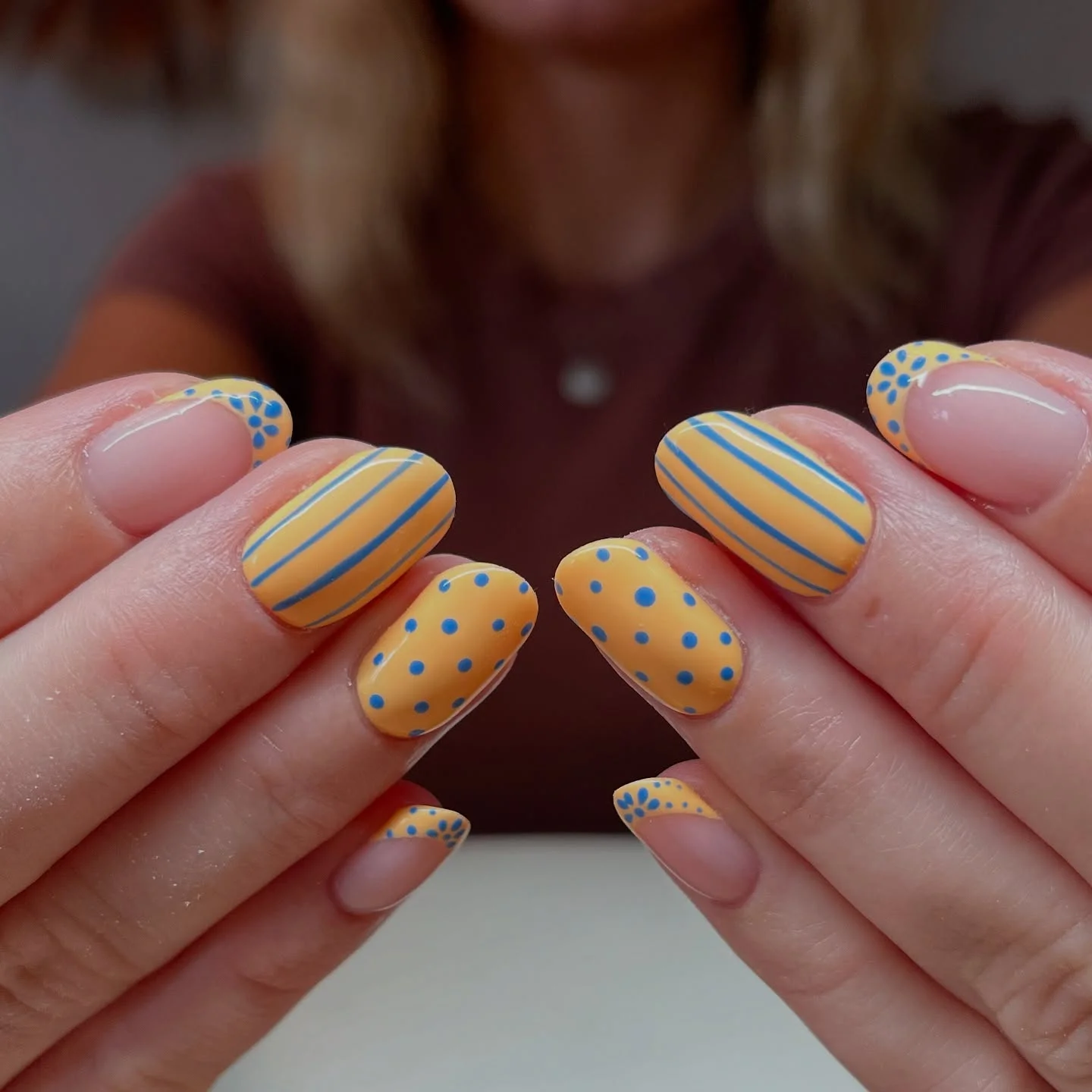 short gel nails summer 2026 Mustard Yellow Graphic Dot Nails