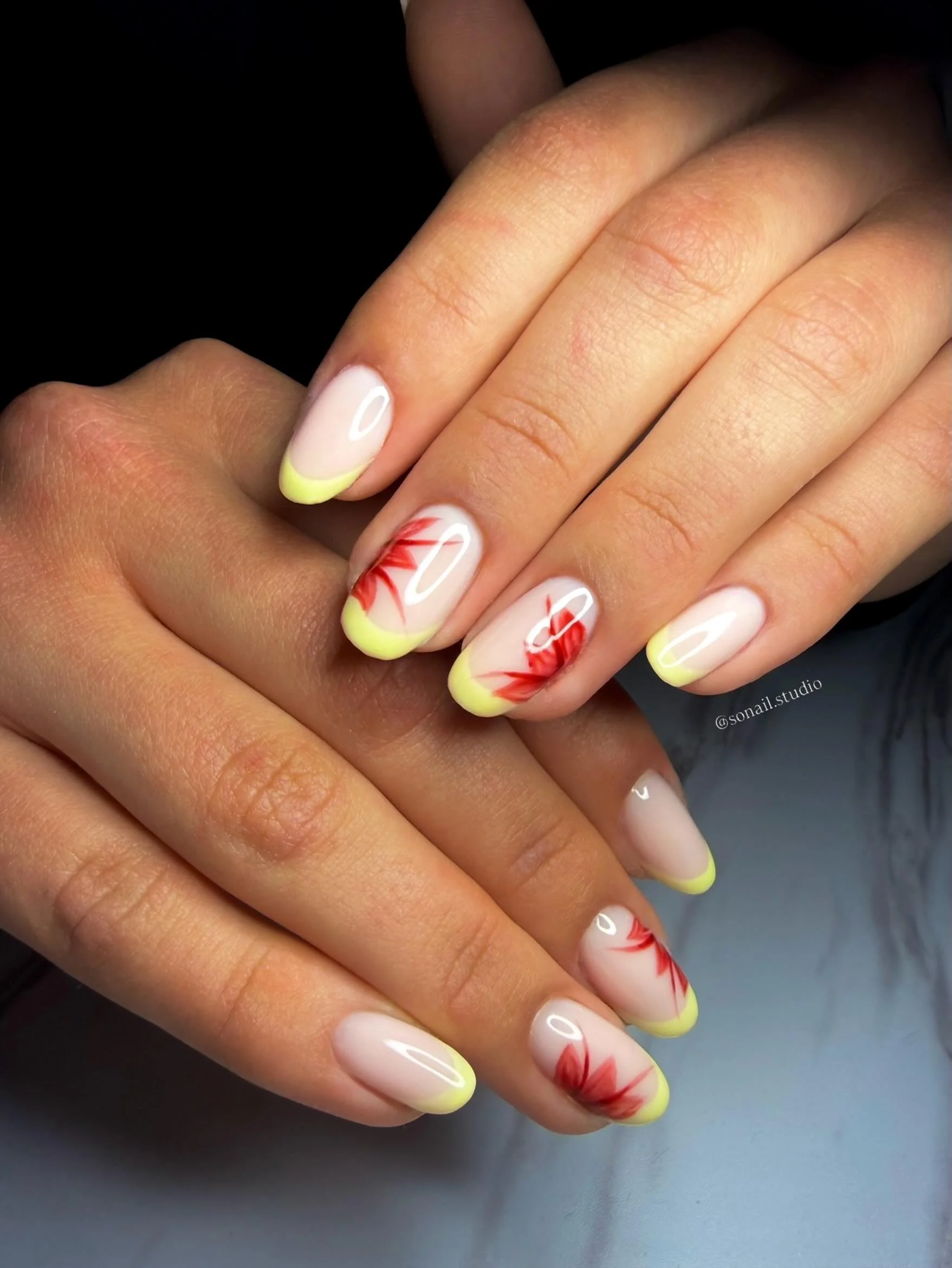 summer nail inspo 2026 Neon French Tips With Tropical Red Palm Art
