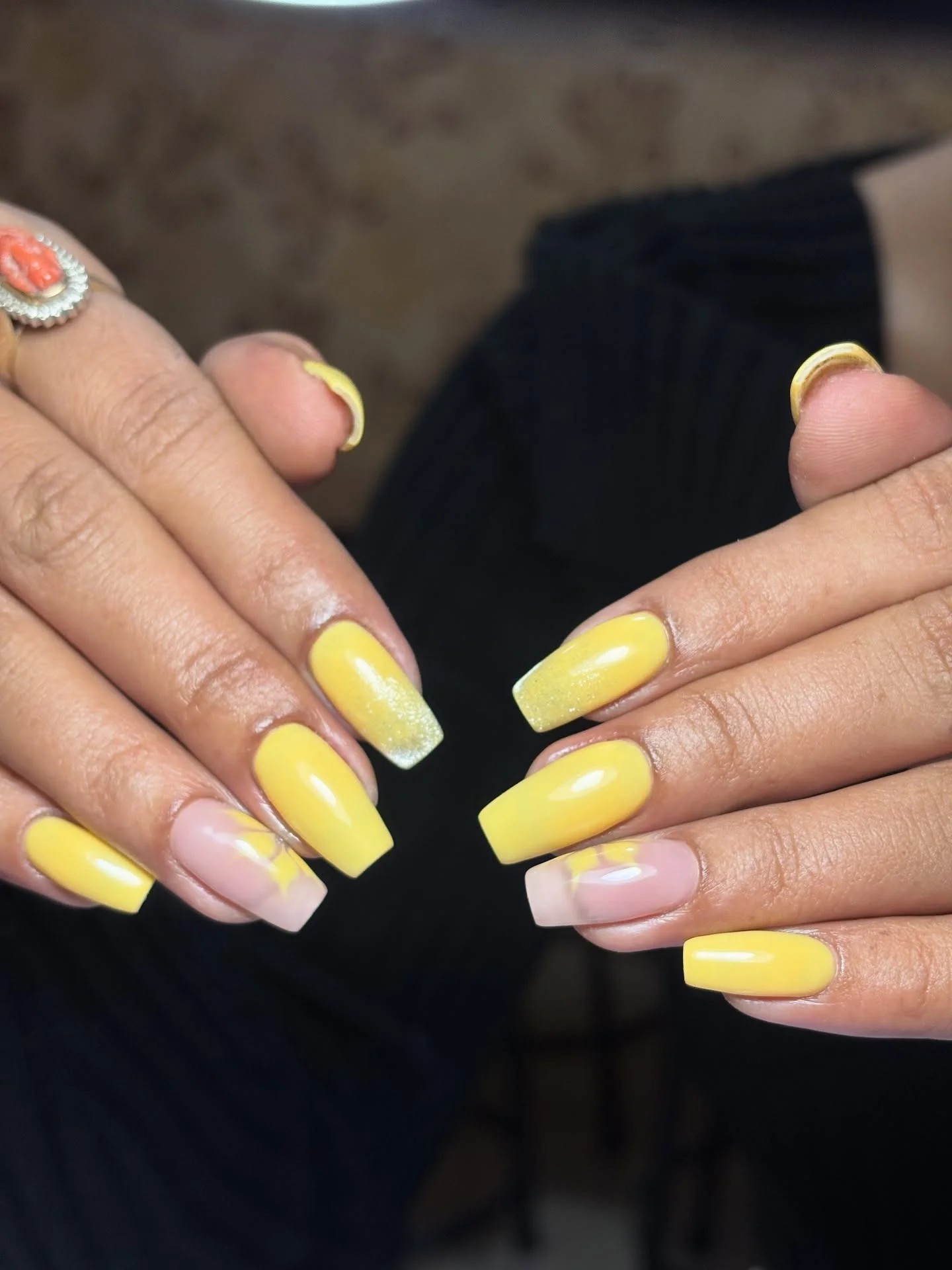 summer nails ballerina shape 2026 Sunny Lemon Yellow Nails With Minimal Floral Details