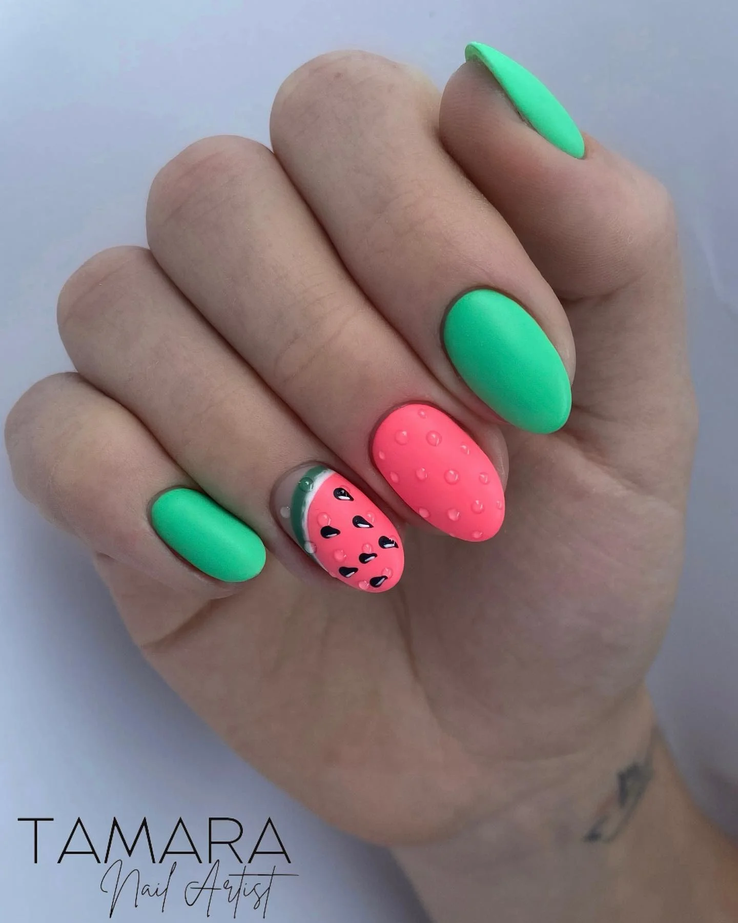 summer nails watermelon 2026 Matte Kiwi Green And Watermelon Texture Nails