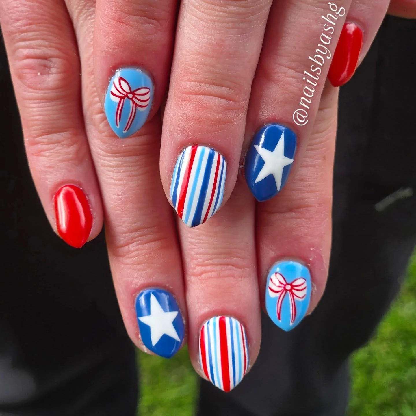 4th of july nails 2026 Vintage Ribbon And Stripe Almond Nails