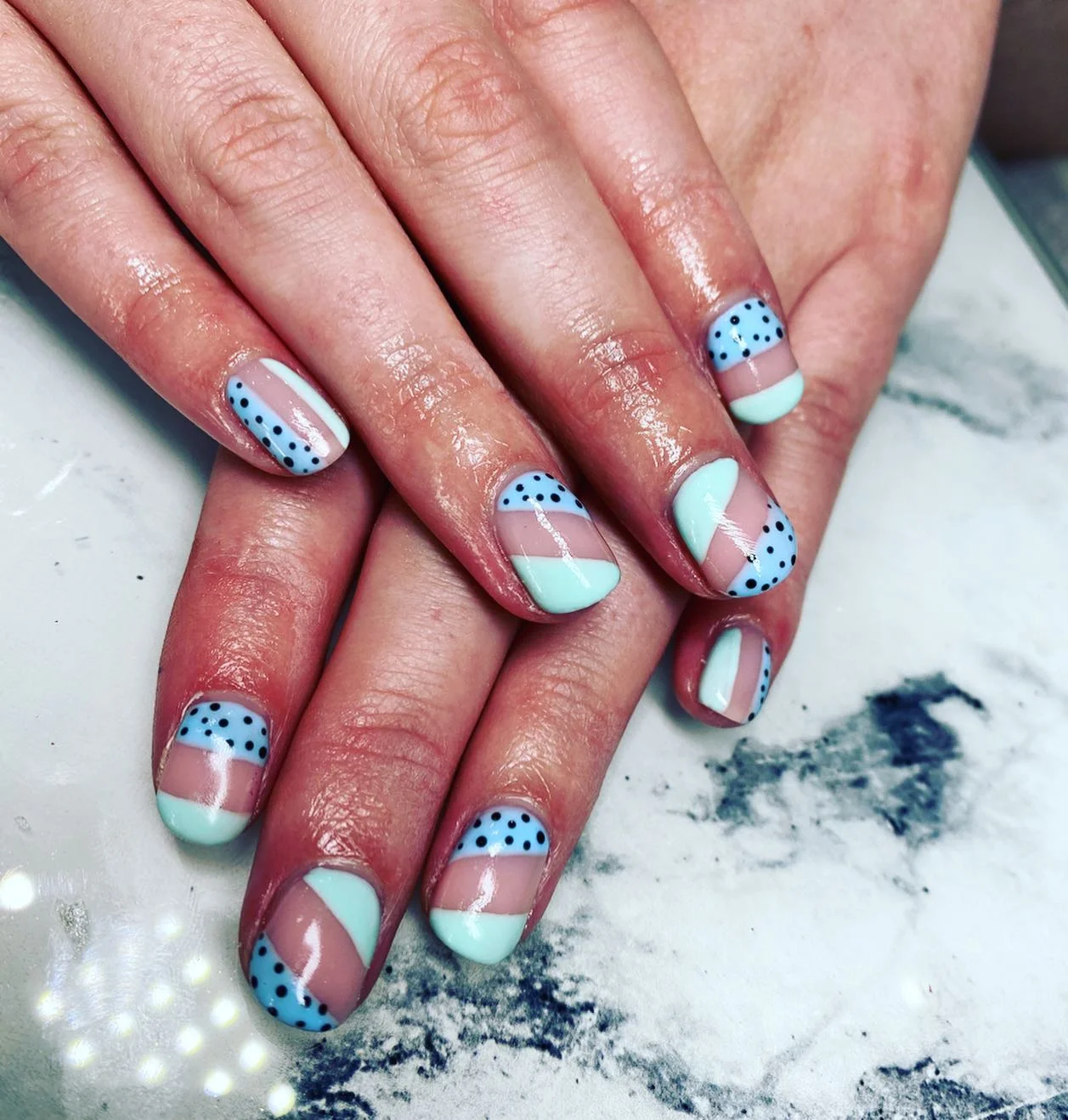 funky summer nails 2026 Baby Blue Geometric Dots With Modern Minimalism