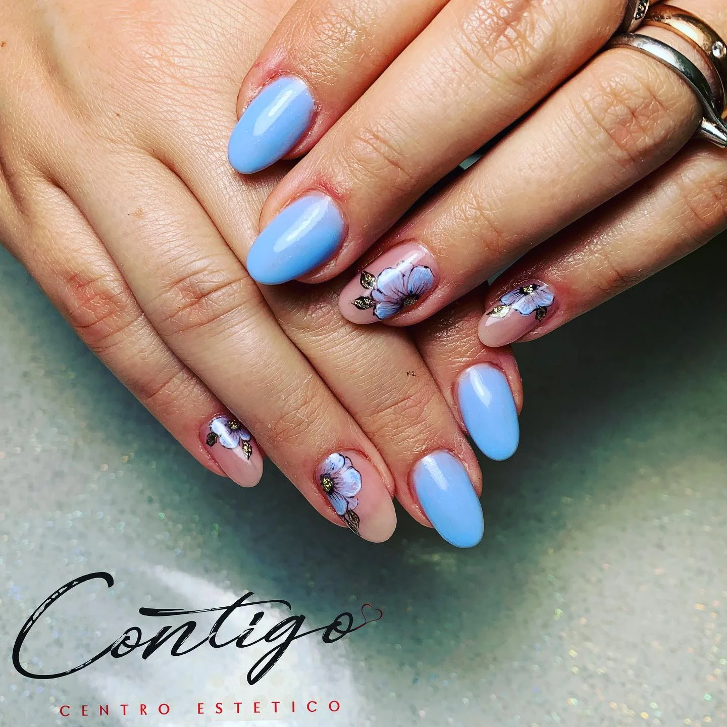 light blue summer nails Periwinkle Floral Almond Nails With Romantic Summer Energy
