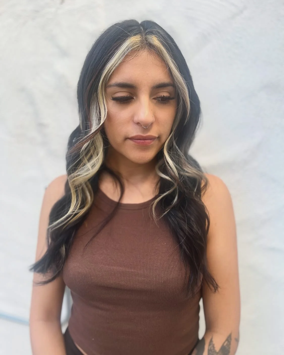 platinum summer money piece hair color 2026 High Contrast Platinum Front Streaks On Dark Espresso Hair