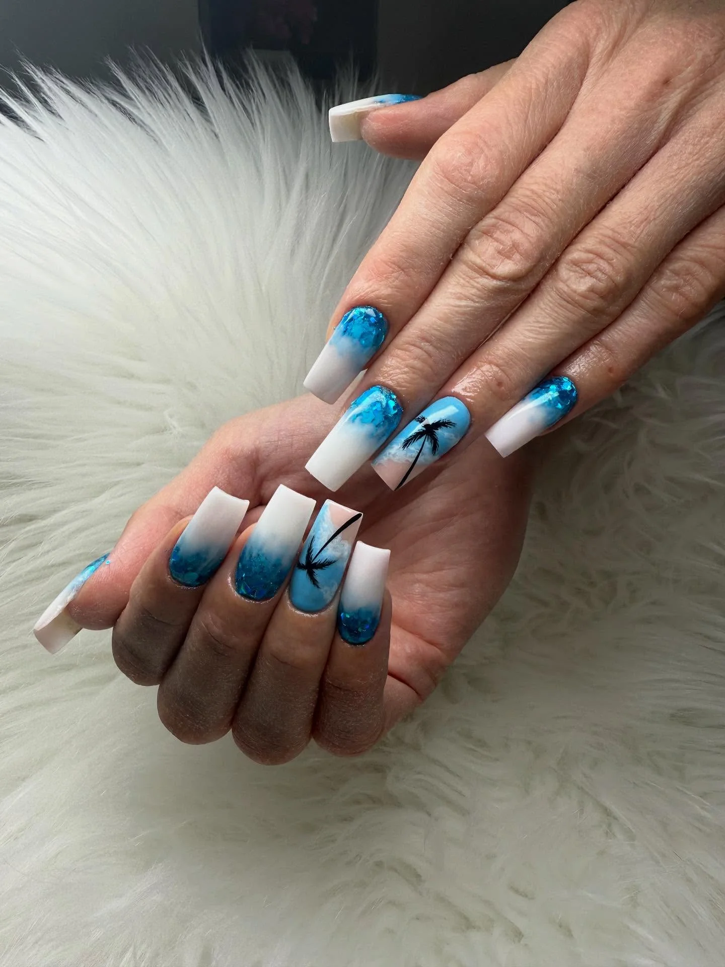 summer beach nails 2026 Blue Ombre Palm Tree Nails With Dramatic Vacation Glam