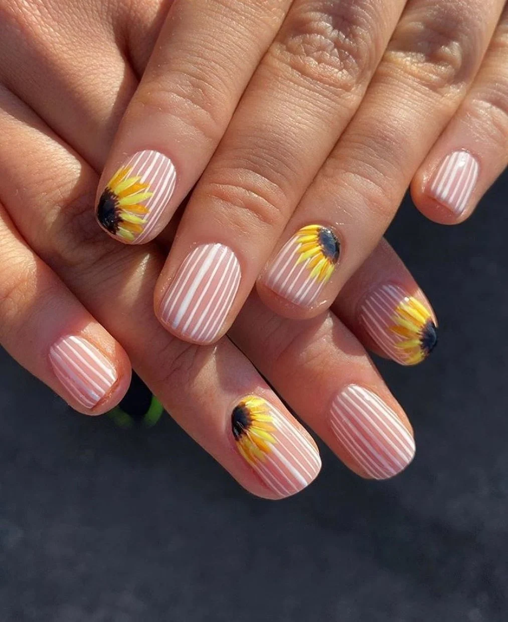 summer nail art 2026 Sunflower Stripe Nails With Soft Cottagecore Charm