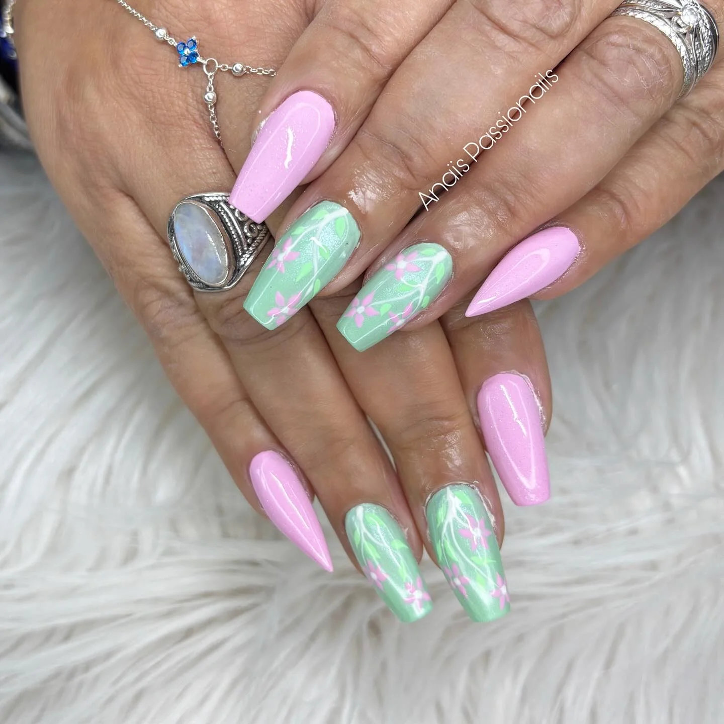 summer nails ballerina shape 2026 Mint Green And Pink Floral Ballerina Nails With Garden Party Energy