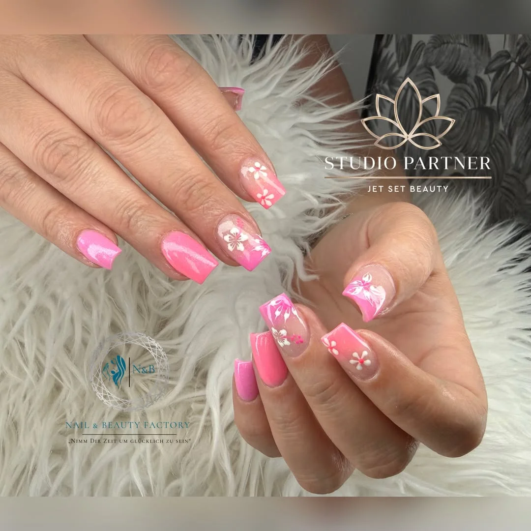 summer nails design 2026 Glossy Pink Hibiscus Floral Square Nails