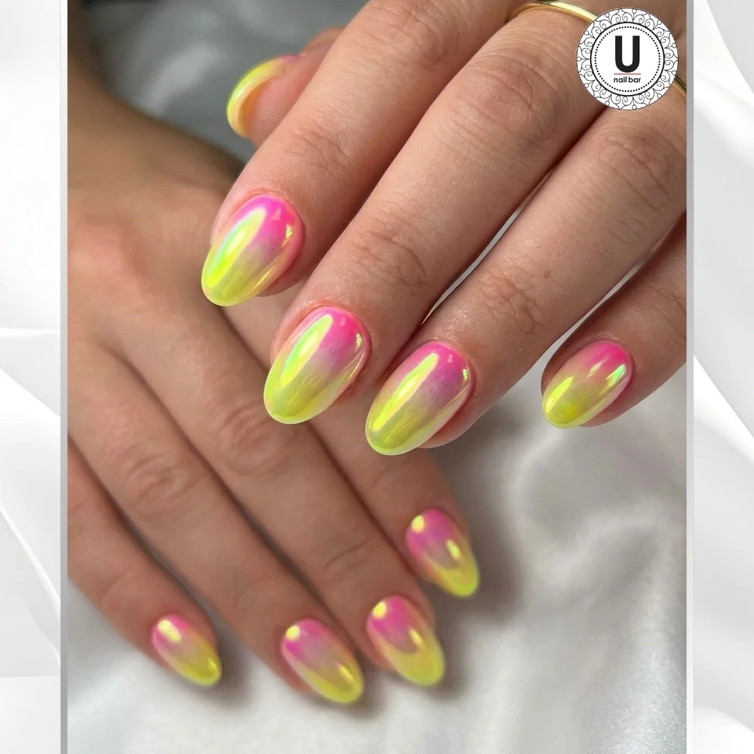 summer ombre nails 2026 Neon Pink And Yellow Chrome Ombre