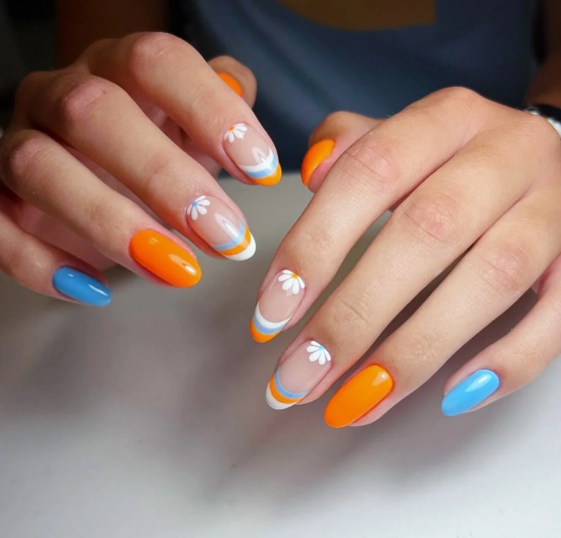 summer vibrant nails 2026 Sunny Blue And Orange Daisy French Manicure