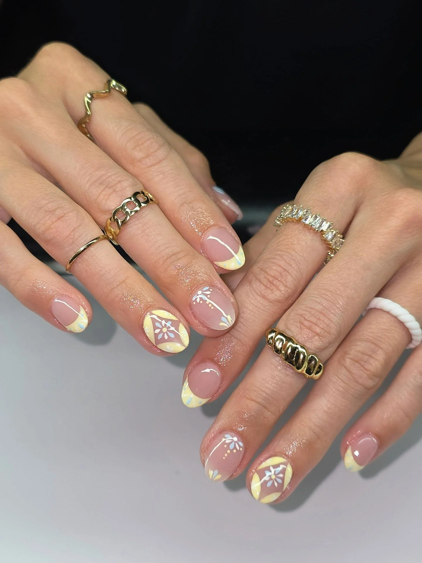summer yellow nails 2026 Short Yellow French Nails With Tiny Floral Details