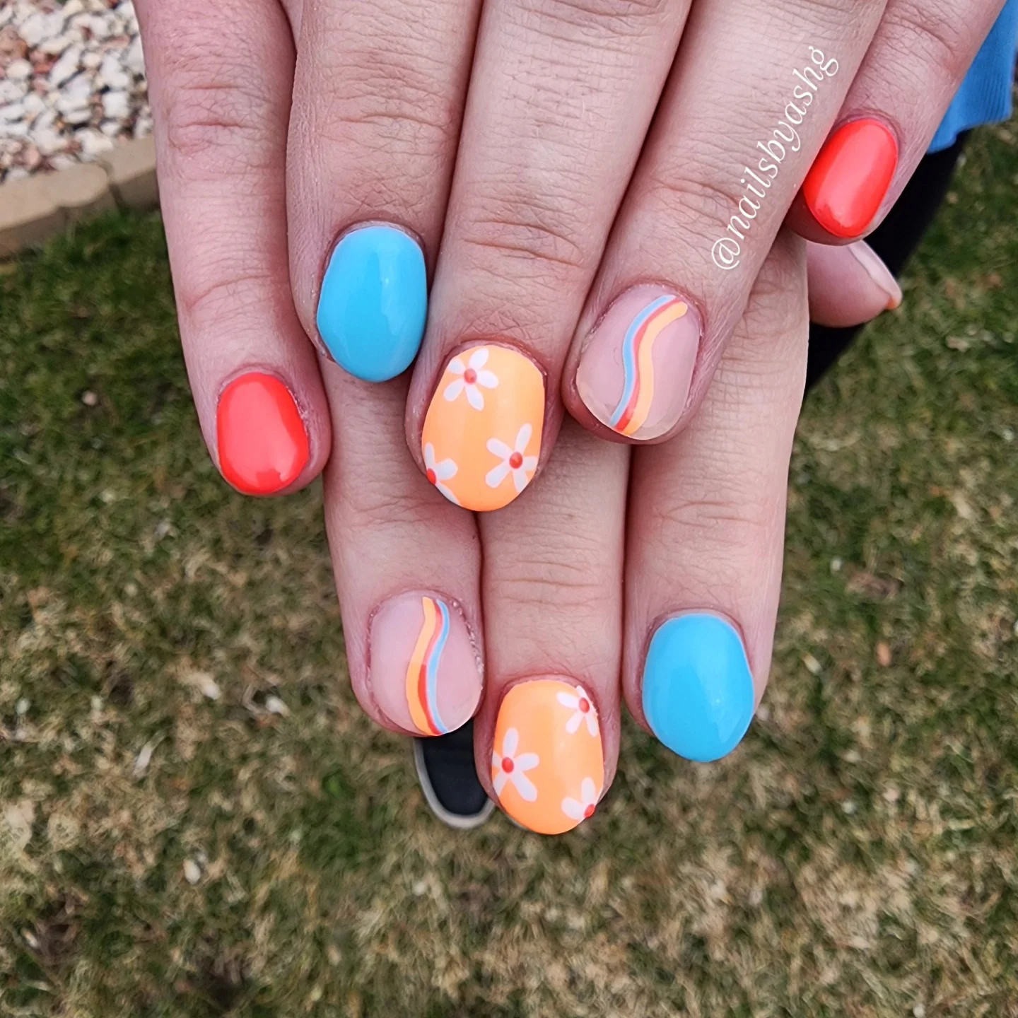 bright summer nails 2026 Retro Sorbet Color Mix With Floral Accents