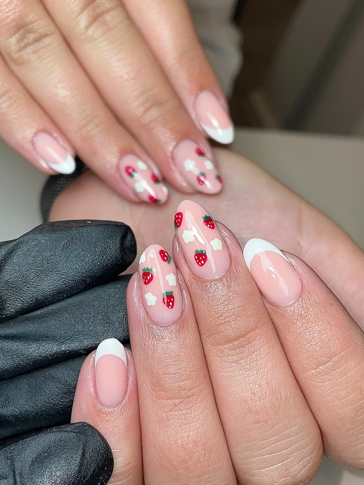 light summer nails 2026 Strawberry French Nails With Tiny Daisy Details