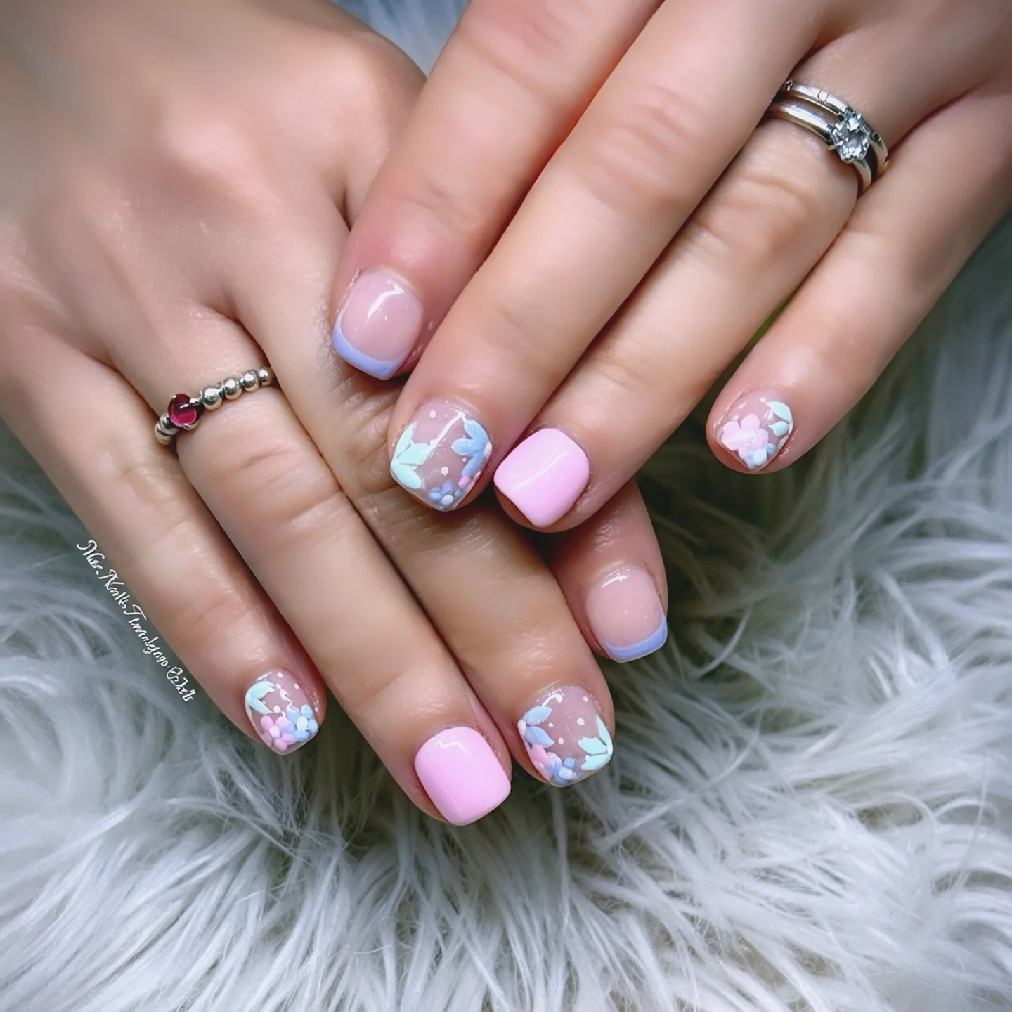 short summer nails 2026 Pastel Blossom Nails With Soft Lavender French Tips