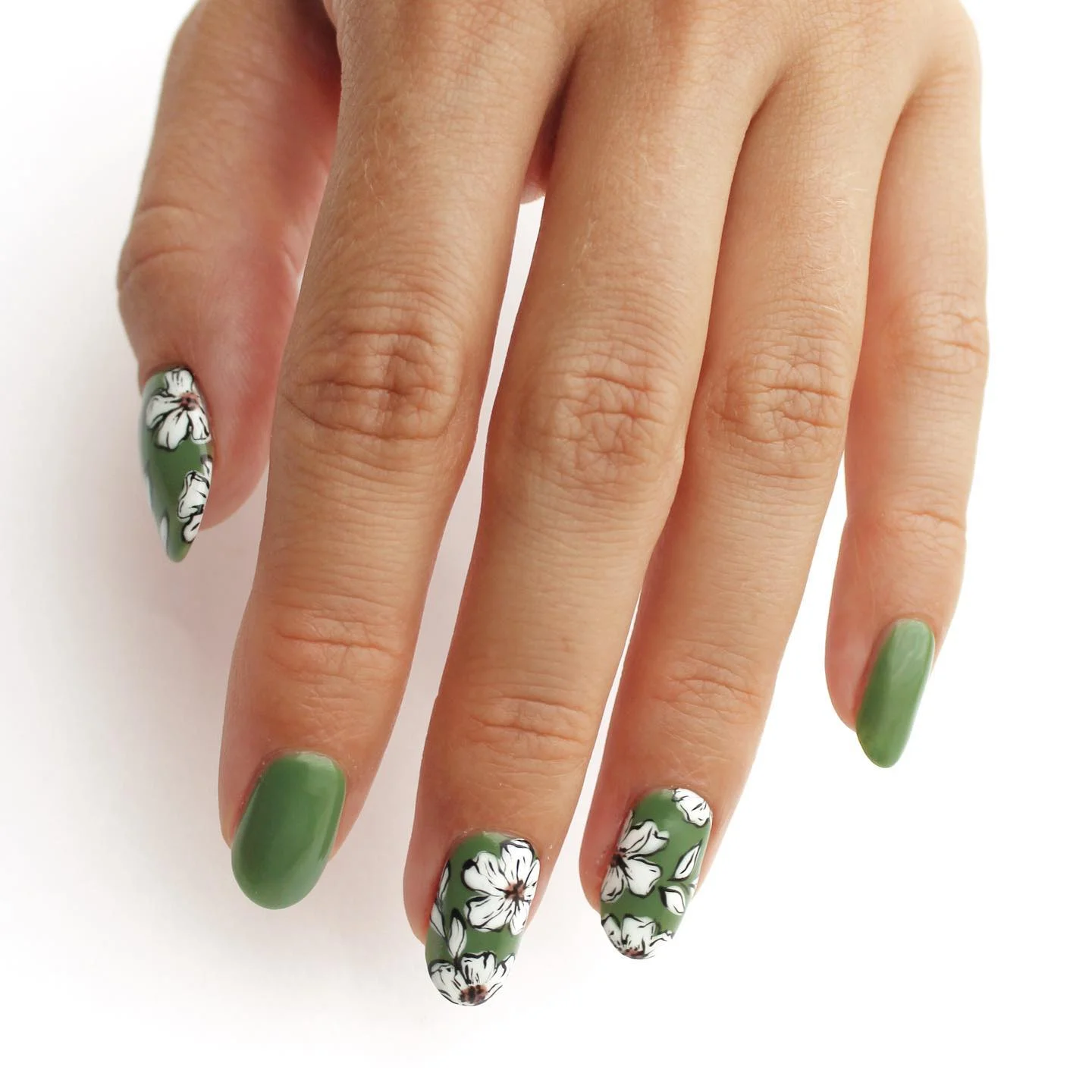 summer flower nails 2026 Olive Floral Almond Nails With Modern Botanical Contrast