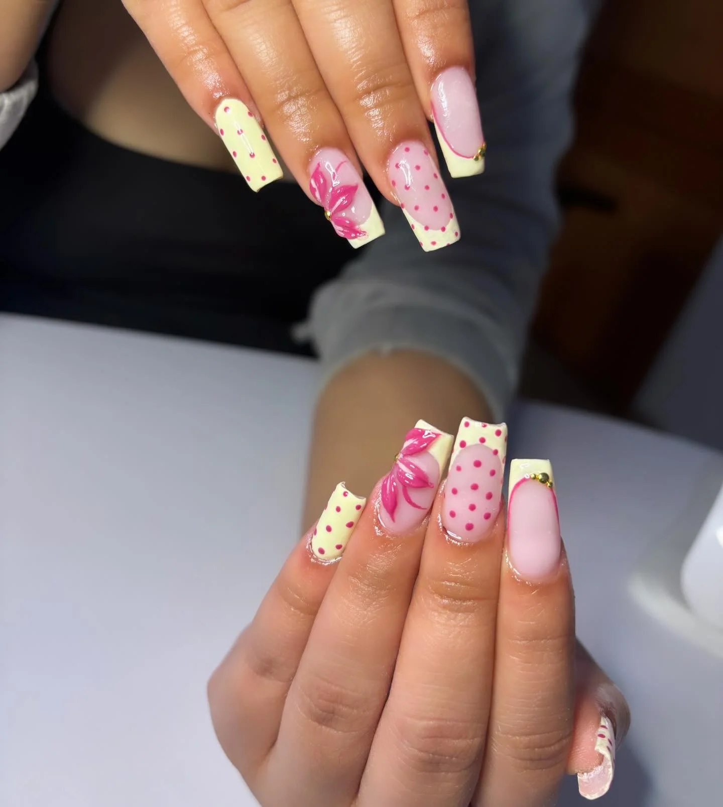 summer nails ballerina shape 2026 Pink Polka Dot French Nails With Sweet Retro Details